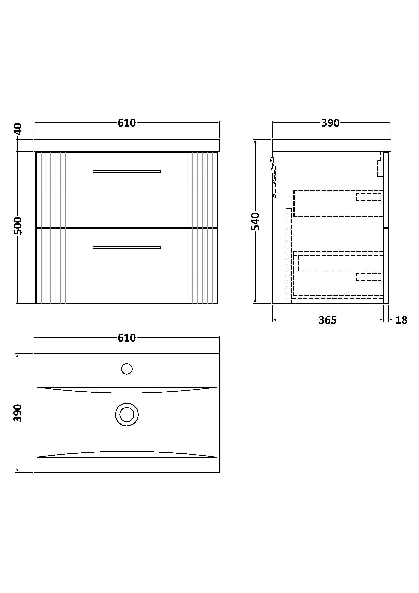 Nuie Deco 2 Drawer Wall Hung Vanity Unit With Basin-1 600mm Wide