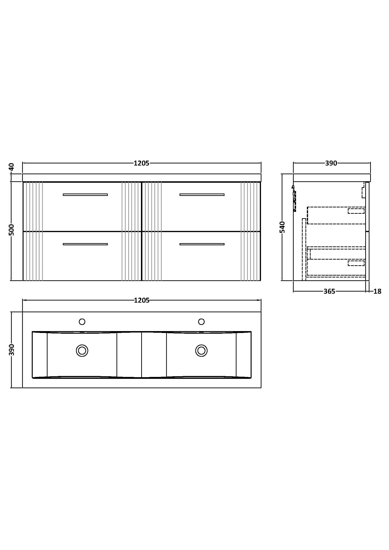 Nuie Deco 4 Drawer Wall Hung Vanity Unit With Double Ceramic Basin 1200mm Wide
