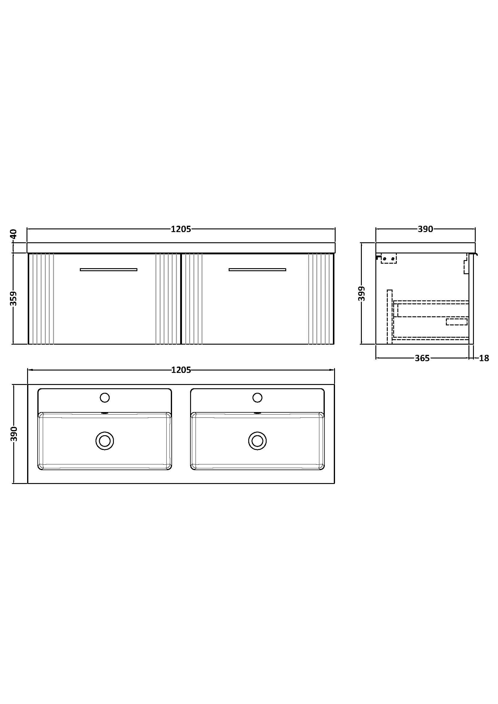 Nuie Deco 2 Drawer Wall Hung Vanity Unit With Double Polymarble Basin 1200mm Wide