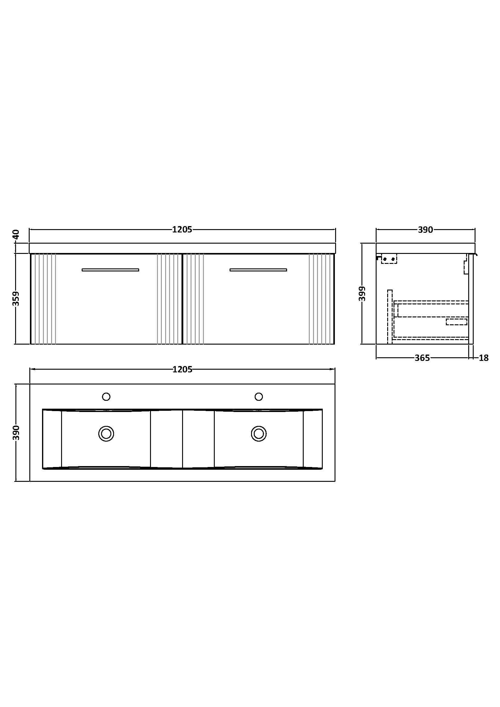 Nuie Deco 2 Drawer Wall Hung Vanity Unit With Double Ceramic Basin 1200mm Wide