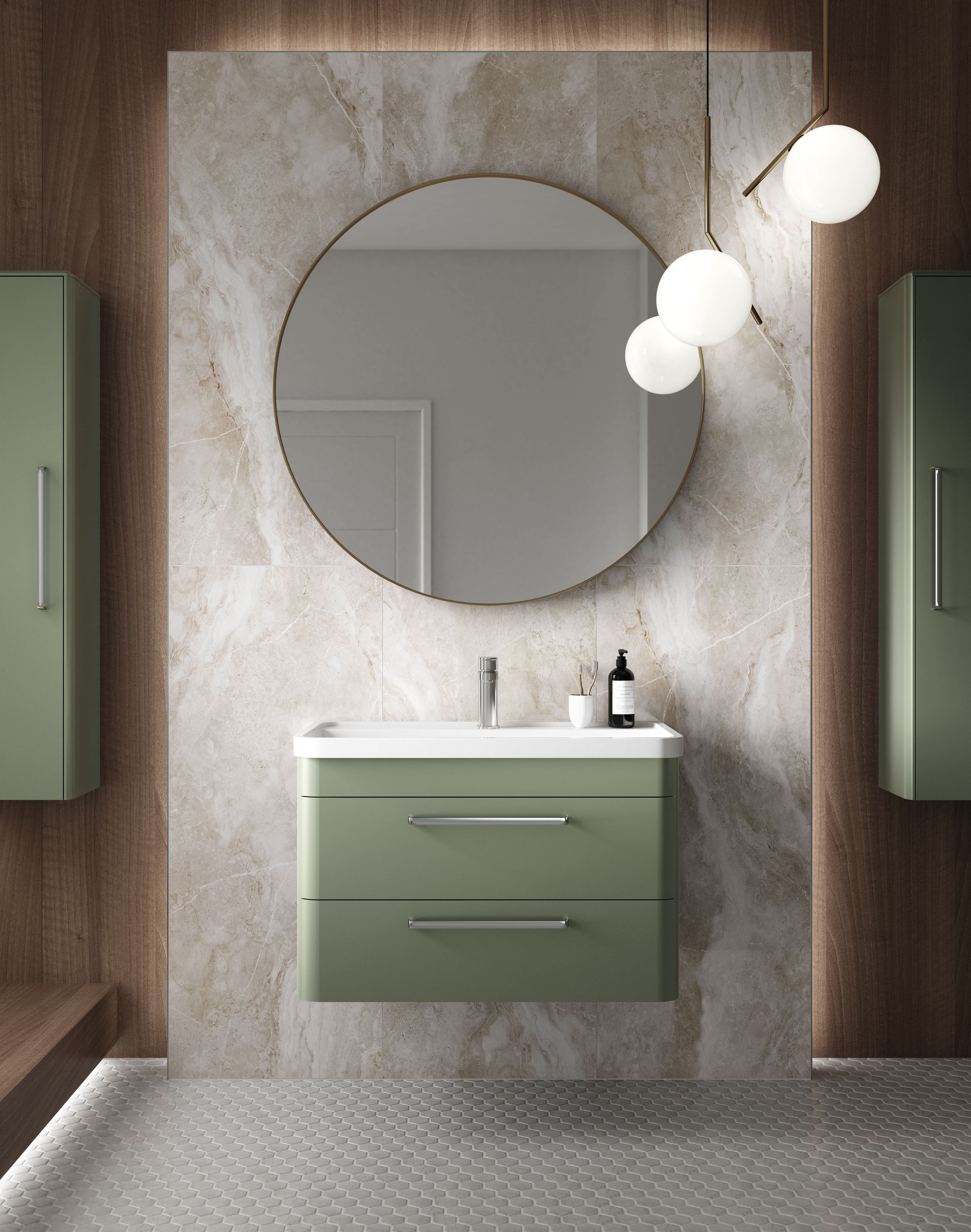 Hudson Reed Solar Wall Hung Vanity Unit with Ceramic Basin, Modern 2 Drawer Bathroom Sink Vanity Unit in  Fern Green, 800mm
