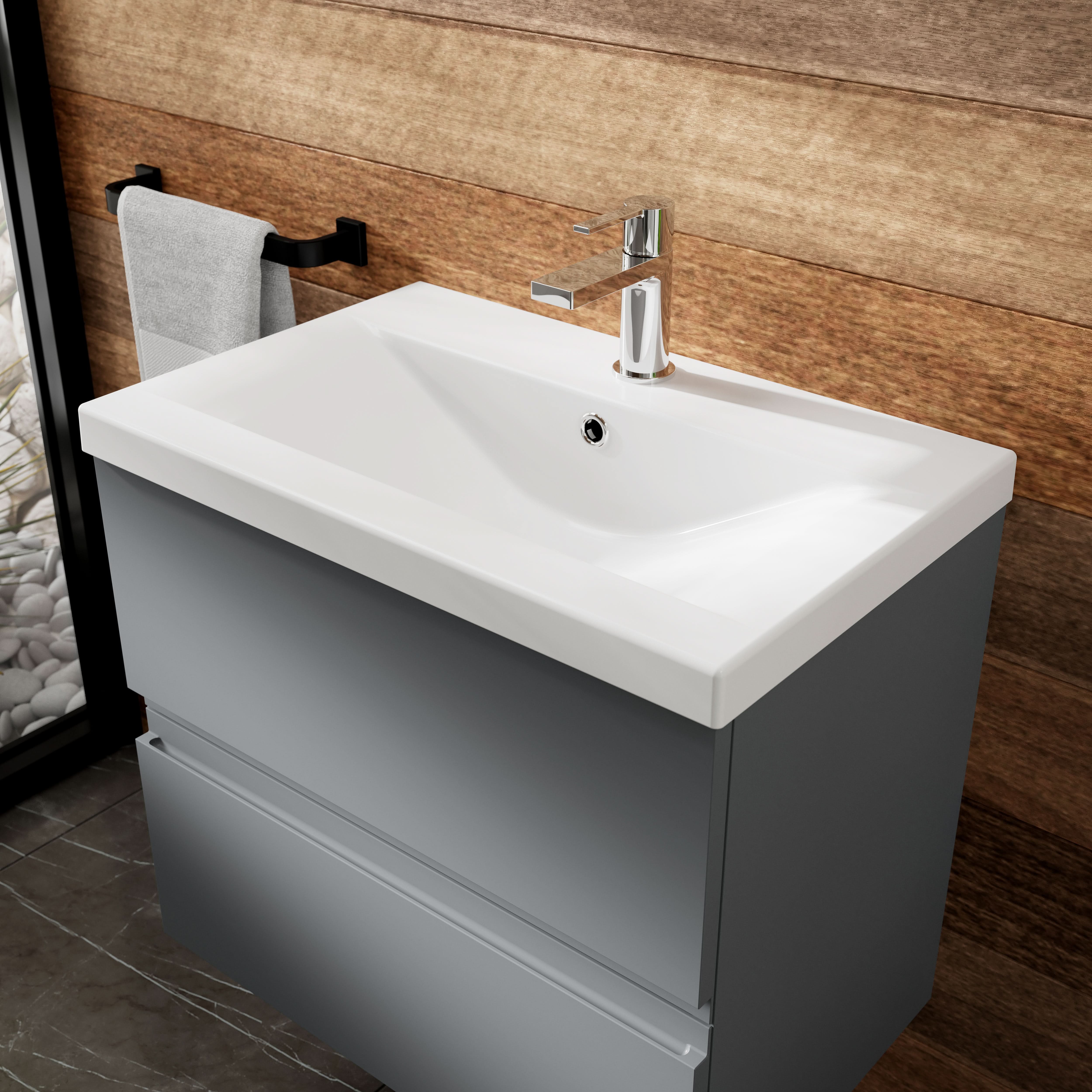 Hudson Reed Urban Wall Hung 2 Drawer Vanity Unit with Mid-Edge Ceramic Basin, Modern Bathroom Furniture in Satin Grey, 800mm