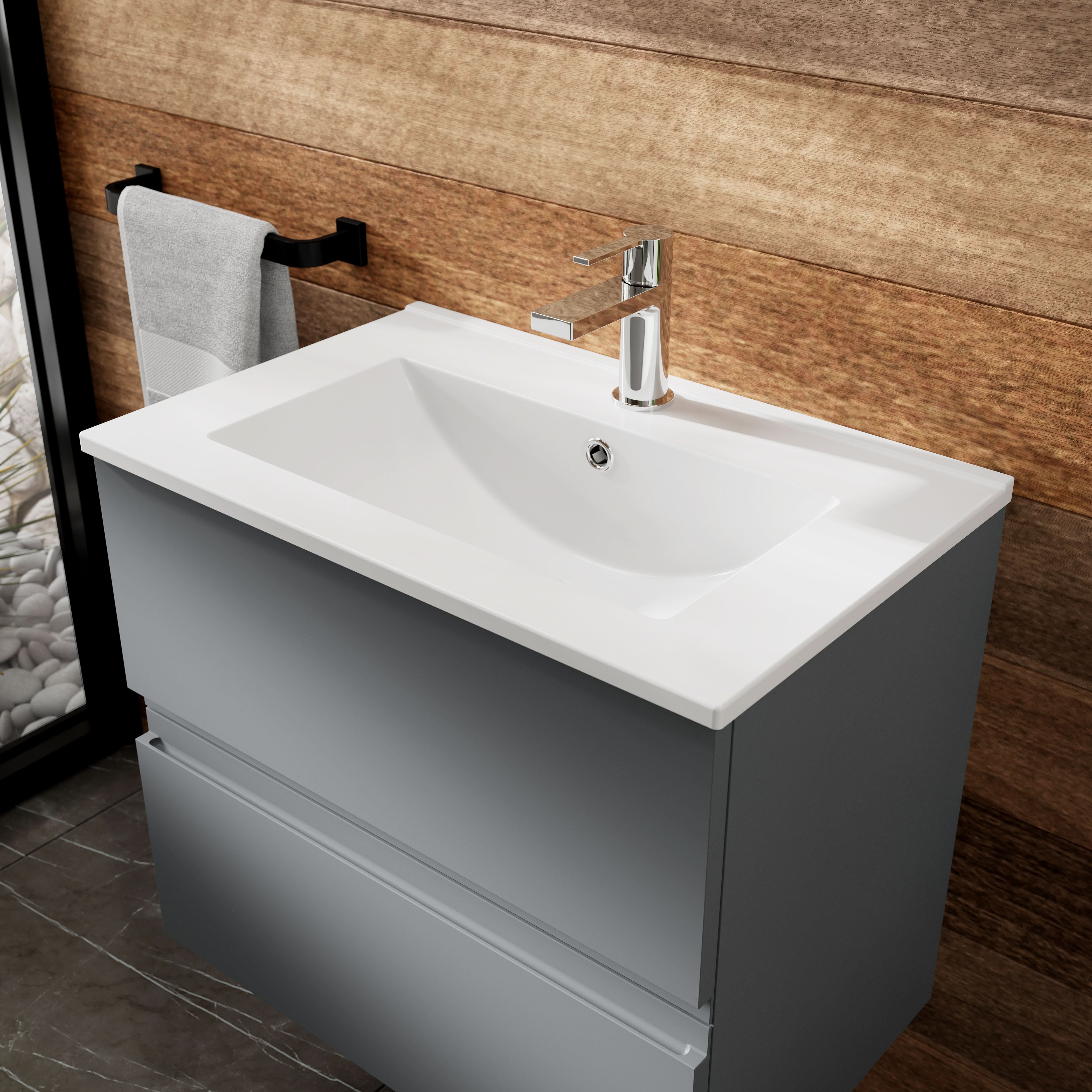 Hudson Reed Urban Wall Hung 2 Drawer Vanity Unit with Minimalist Ceramic Basin, Modern Bathroom Furniture in Satin Grey, 800mm