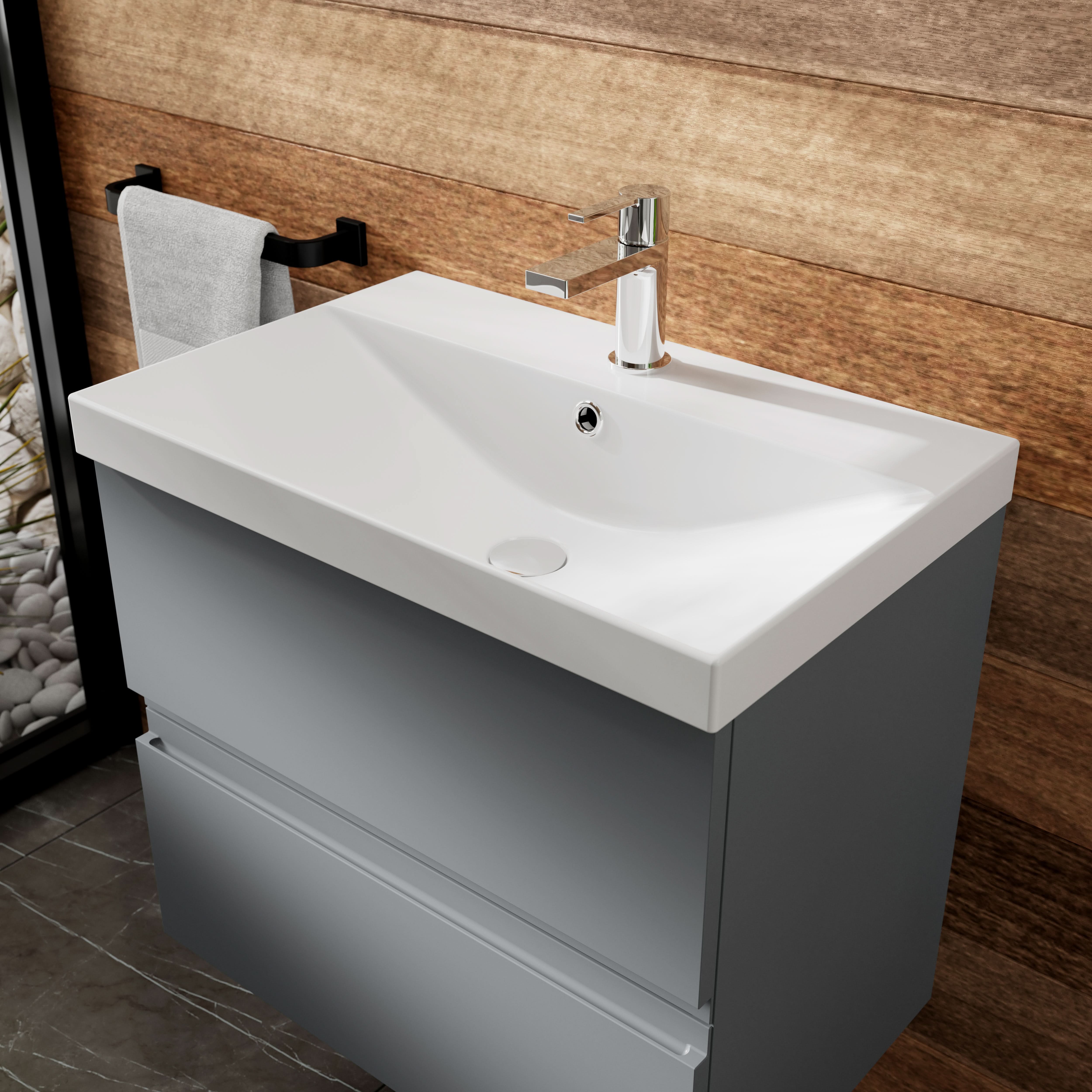 Hudson Reed Urban Wall Hung 2 Drawer Vanity Unit with Thin-Edge Ceramic Basin, Modern Bathroom Furniture in Satin Grey, 800mm