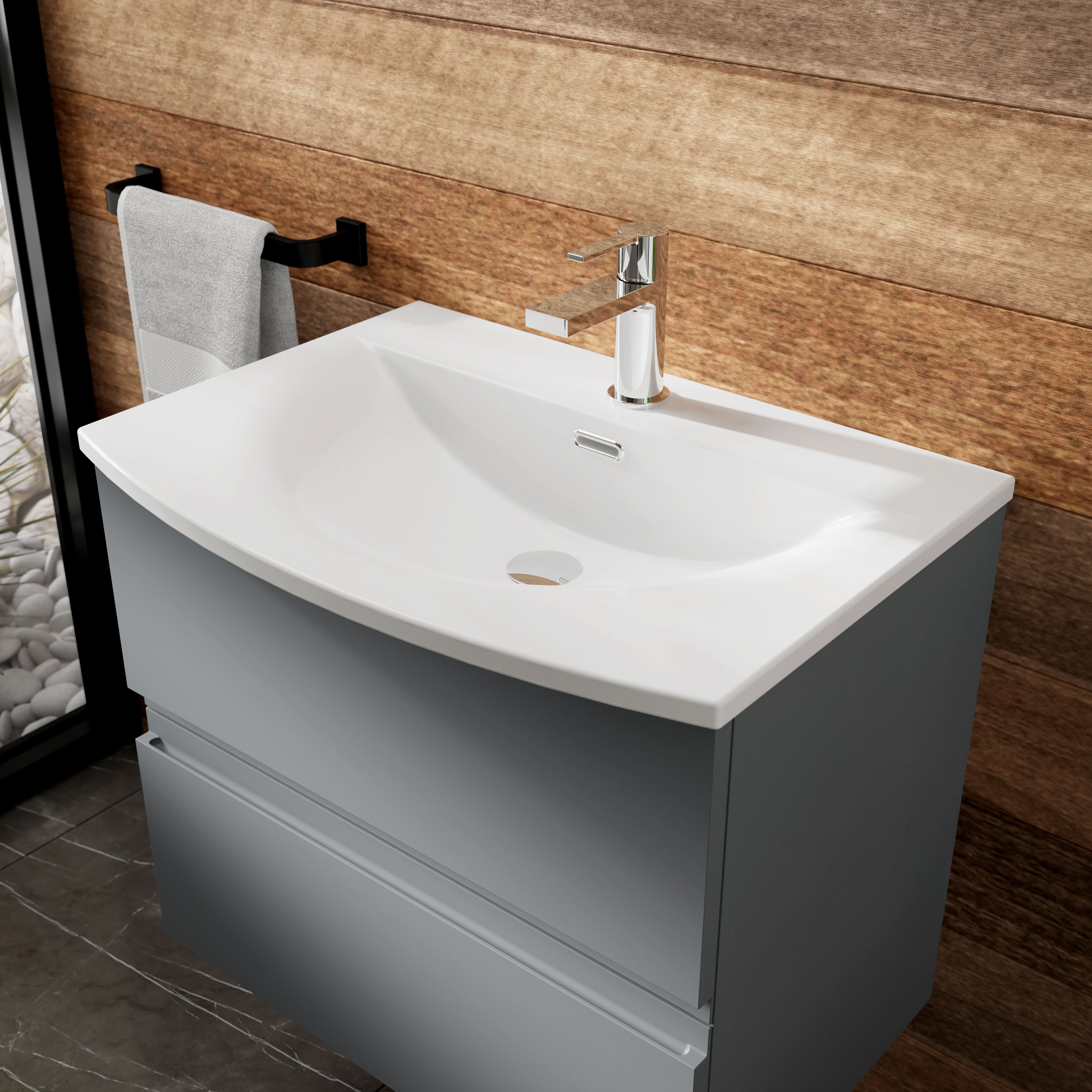 Hudson Reed Urban Wall Hung 2 Drawer Vanity Unit with Curved Ceramic Basin, Modern Bathroom Furniture in Satin Grey, 800mm