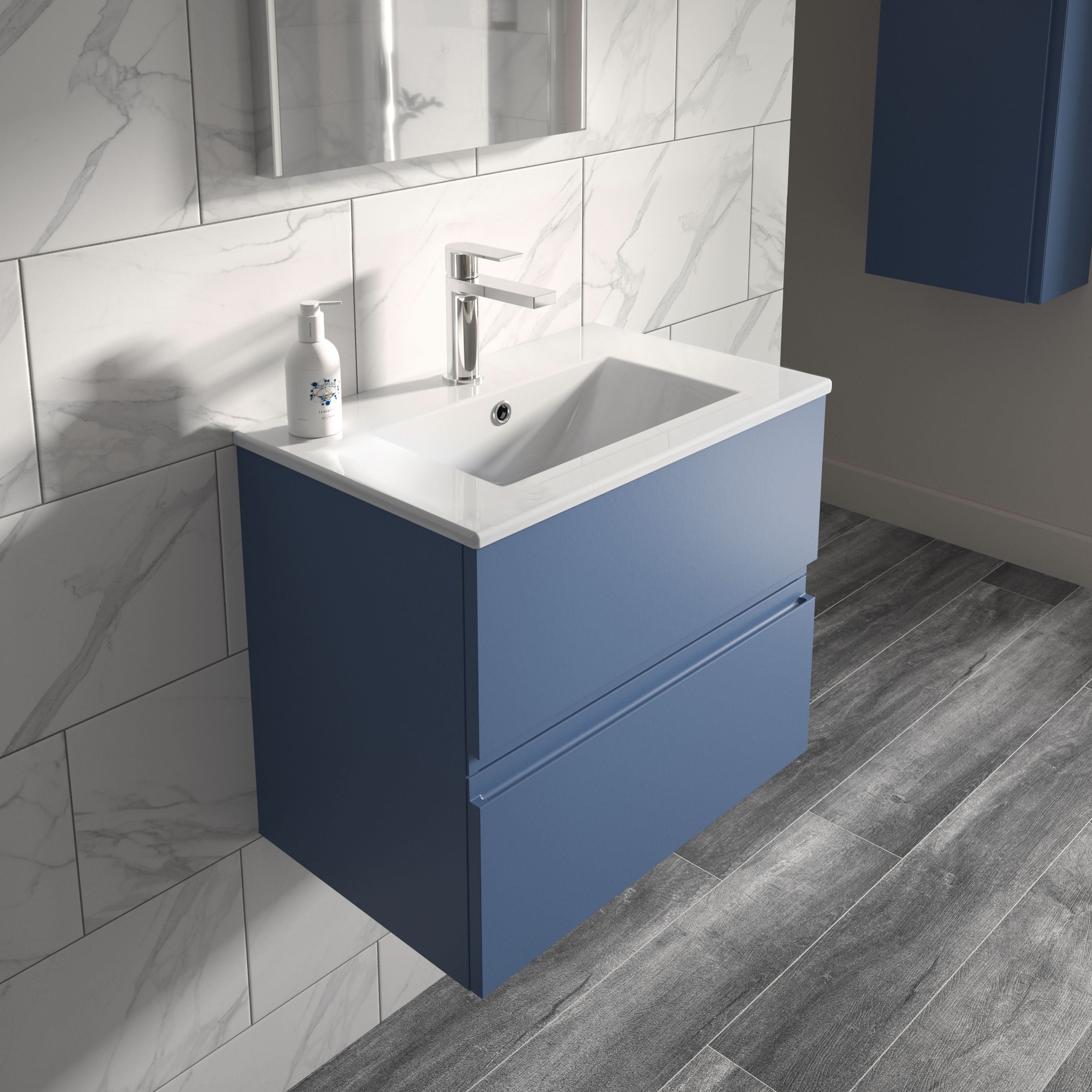 Hudson Reed Urban Wall Hung 2 Drawer Vanity Unit with Minimalist Ceramic Basin, Modern Bathroom Furniture in Satin Blue, 800mm
