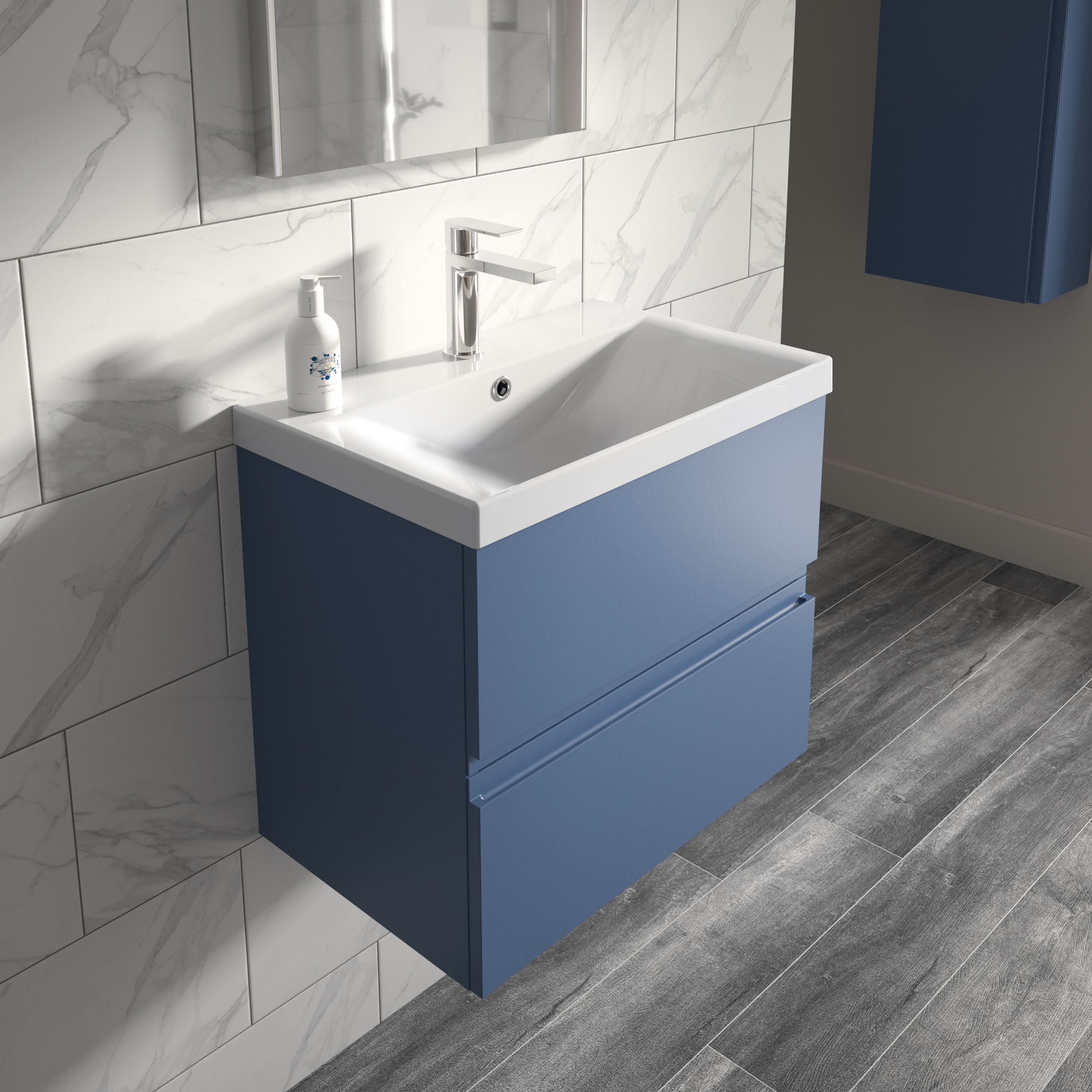 Hudson Reed Urban Wall Hung 2 Drawer Vanity Unit with Thin-Edge Ceramic Basin, Modern Bathroom Furniture in Satin Blue, 800mm