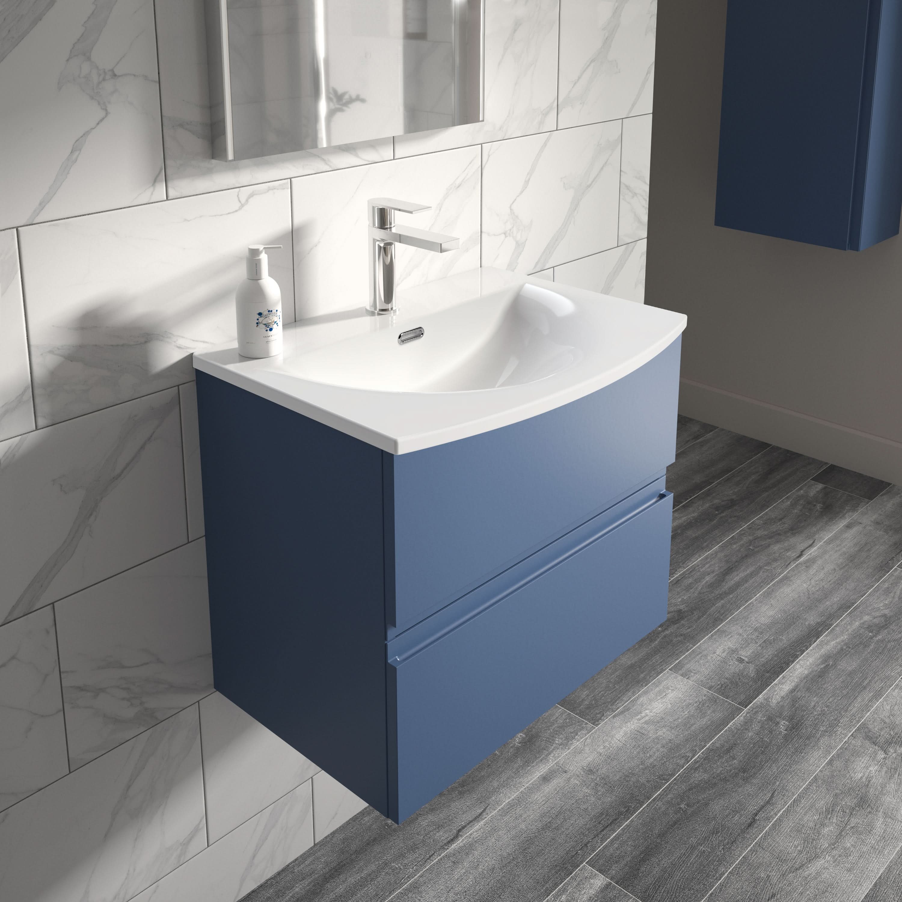 Hudson Reed Urban Wall Hung 2 Drawer Vanity Unit with Curved Ceramic Basin, Modern Bathroom Furniture in Satin Blue, 800mm