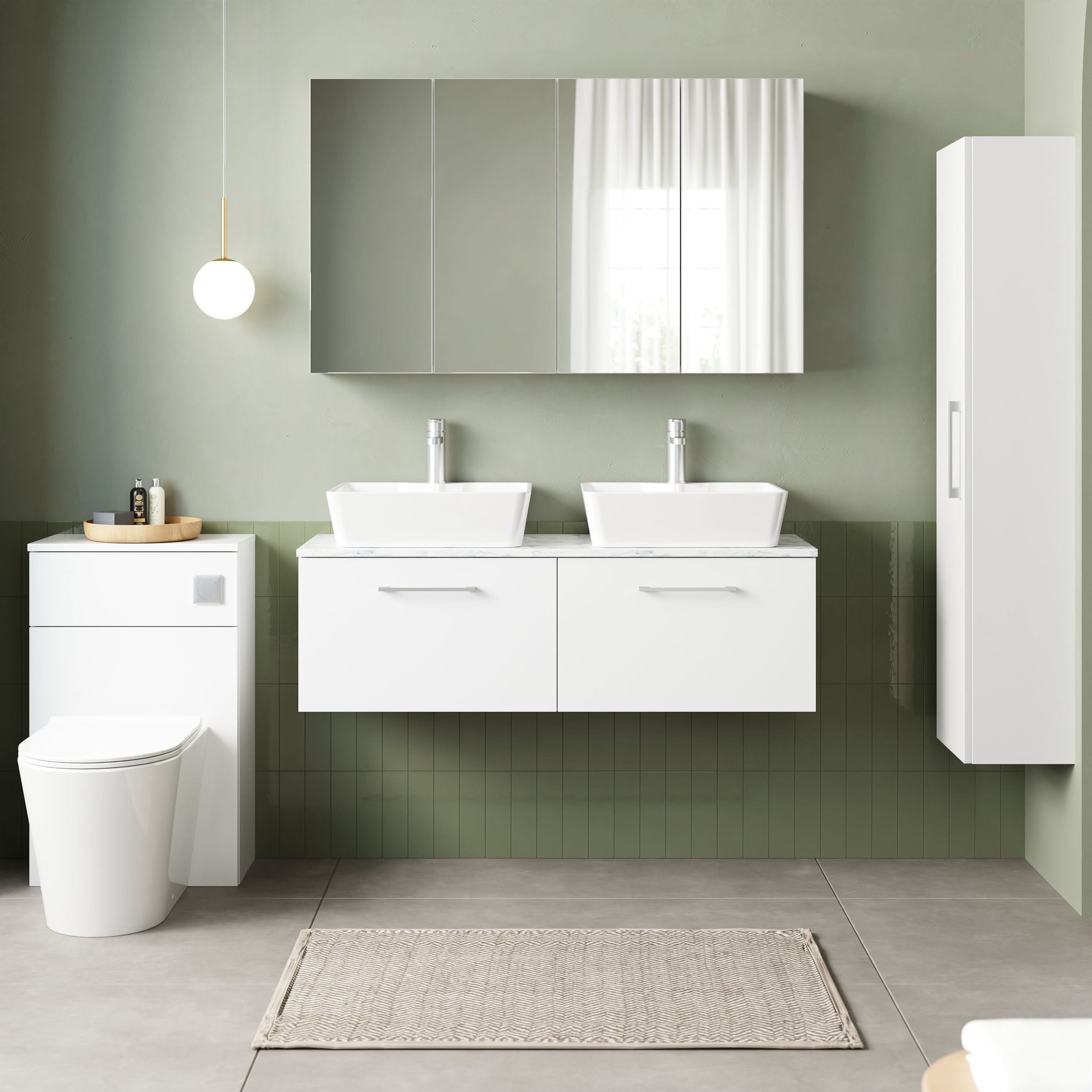 Nuie Arno Wall Hung 2-Drawer Vanity & Laminate Worktop, Contemporary Countertop Basin Unit with Soft Close Storage, Chrome, 1200mm