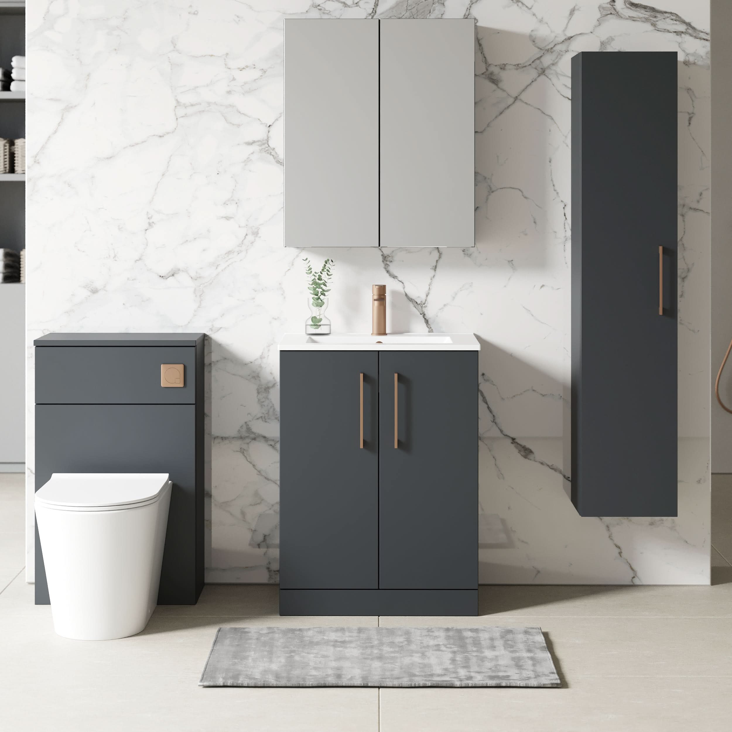 Nuie Arno Floor Standing 2 Door Vanity & Minimalist Ceramic Basin, Elegant Floor Standing Vanity Unit in Soft Black with Generous Storage, 600 mm