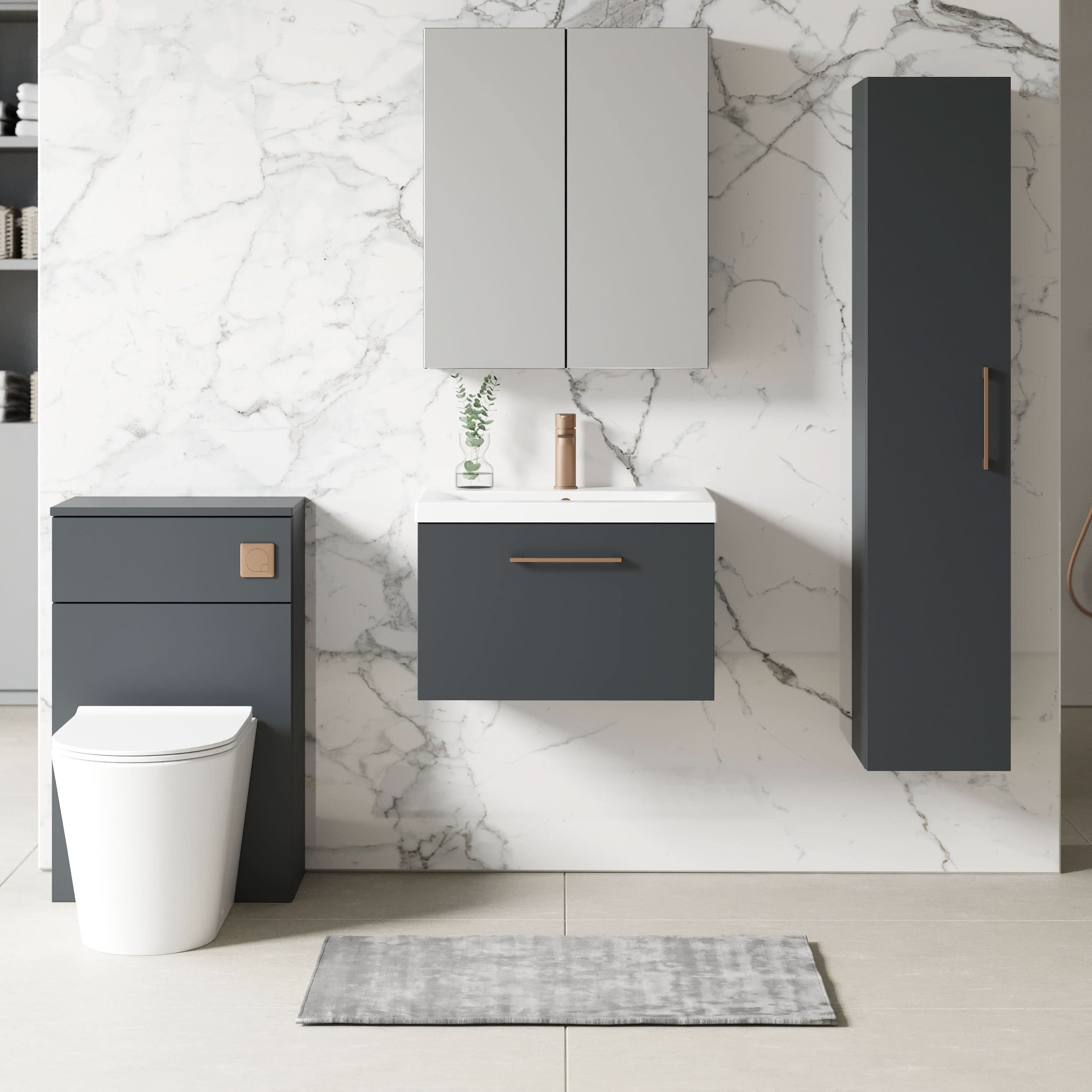 Nuie Arno Wall Hung 1 Drawer Vanity & Mid-Edge Ceramic Basin, Contemporary Wall Hung Vanity Unit with Basin, Soft Black, 600mm
