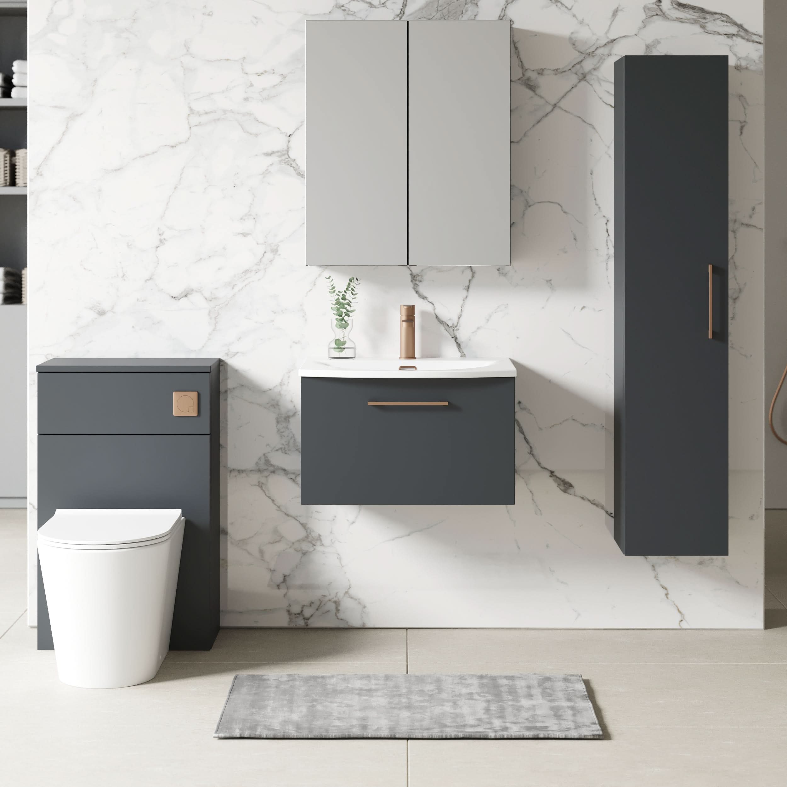 Nuie Arno Wall Hung 1 Drawer Vanity Unit & Curved Ceramic Basin, Sleek and Modern Wall Hung Vanity Unit with Basin, Soft Black, 600mm