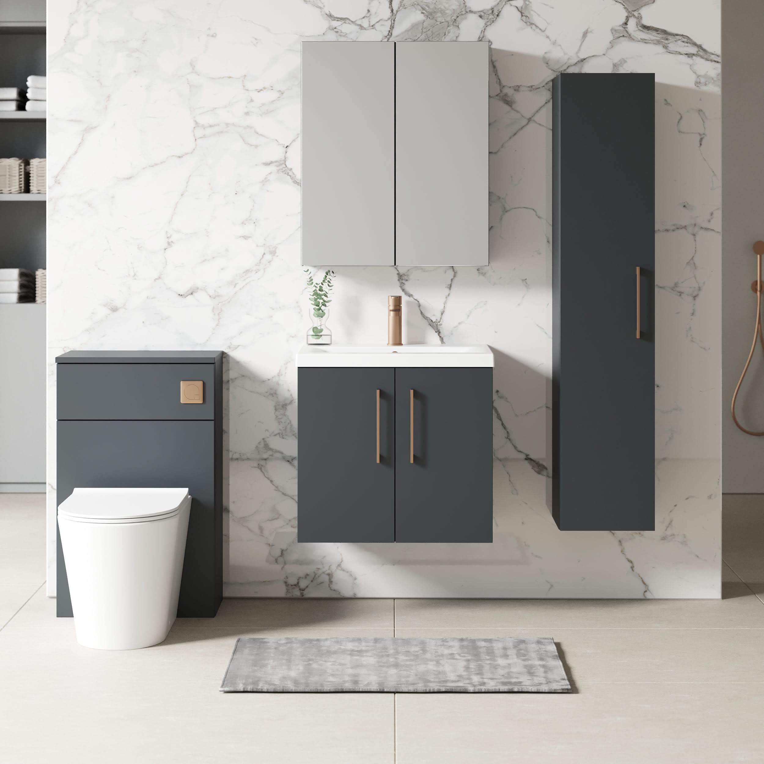 Nuie Arno Wall Hung 2 Door Vanity Unit with Basin & Mid-Edge Ceramic Basin, Stylish and Compact Wall Hung Vanity Unit with Basin, Soft Black, 600mm