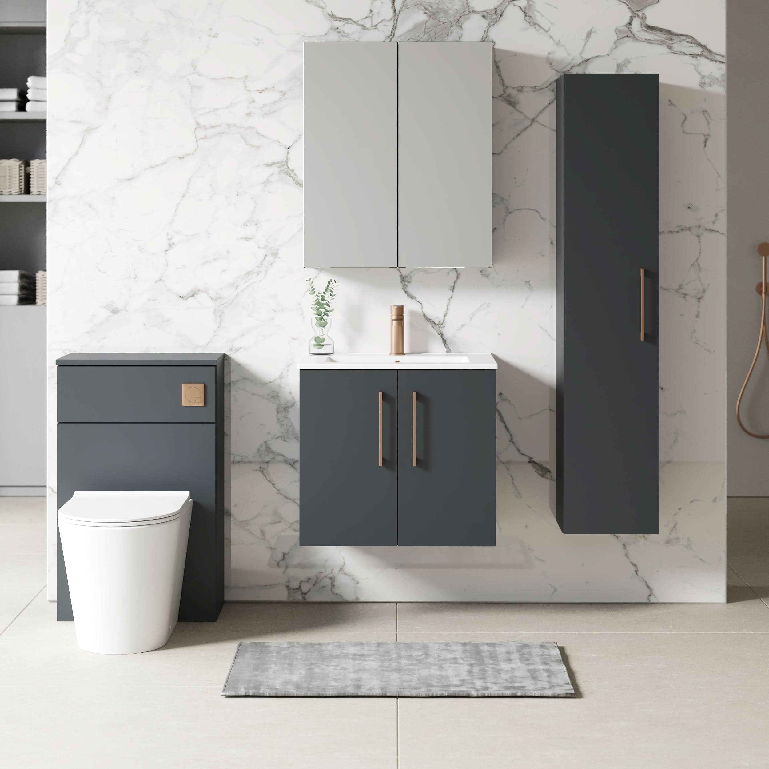 Nuie Arno Wall Hung 2 Door Vanity Unit with Basin & Minimalist Ceramic Basin, Space-Saving Vanity Unit with Basin, Soft Black, 600mm