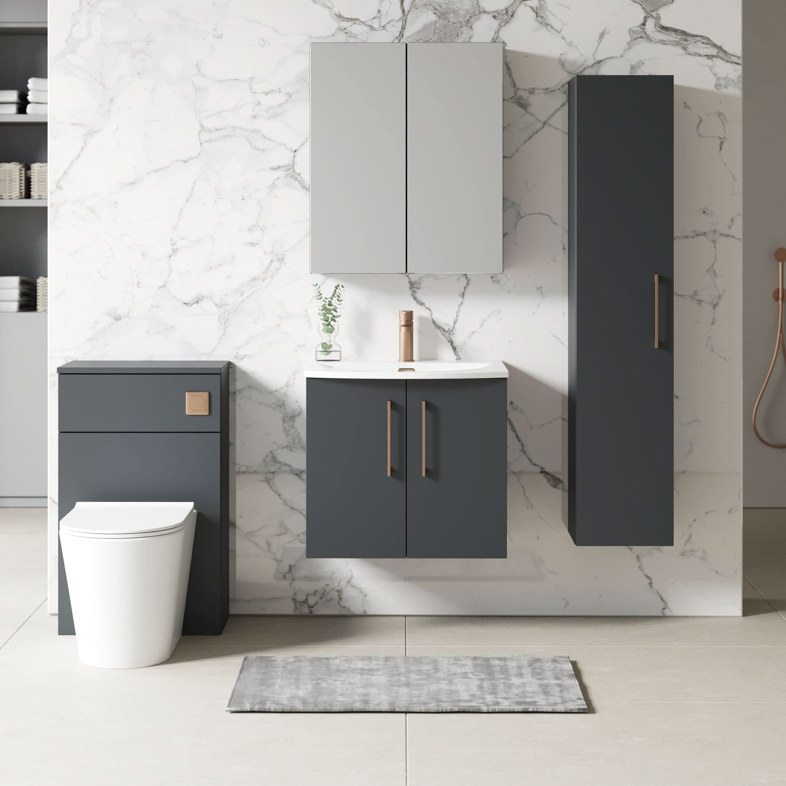 Nuie Arno Wall Hung 2 Door Vanity Unit & Curved Ceramic Basin, Elegant Vanity Unit with Basin, Soft Black, 600mm