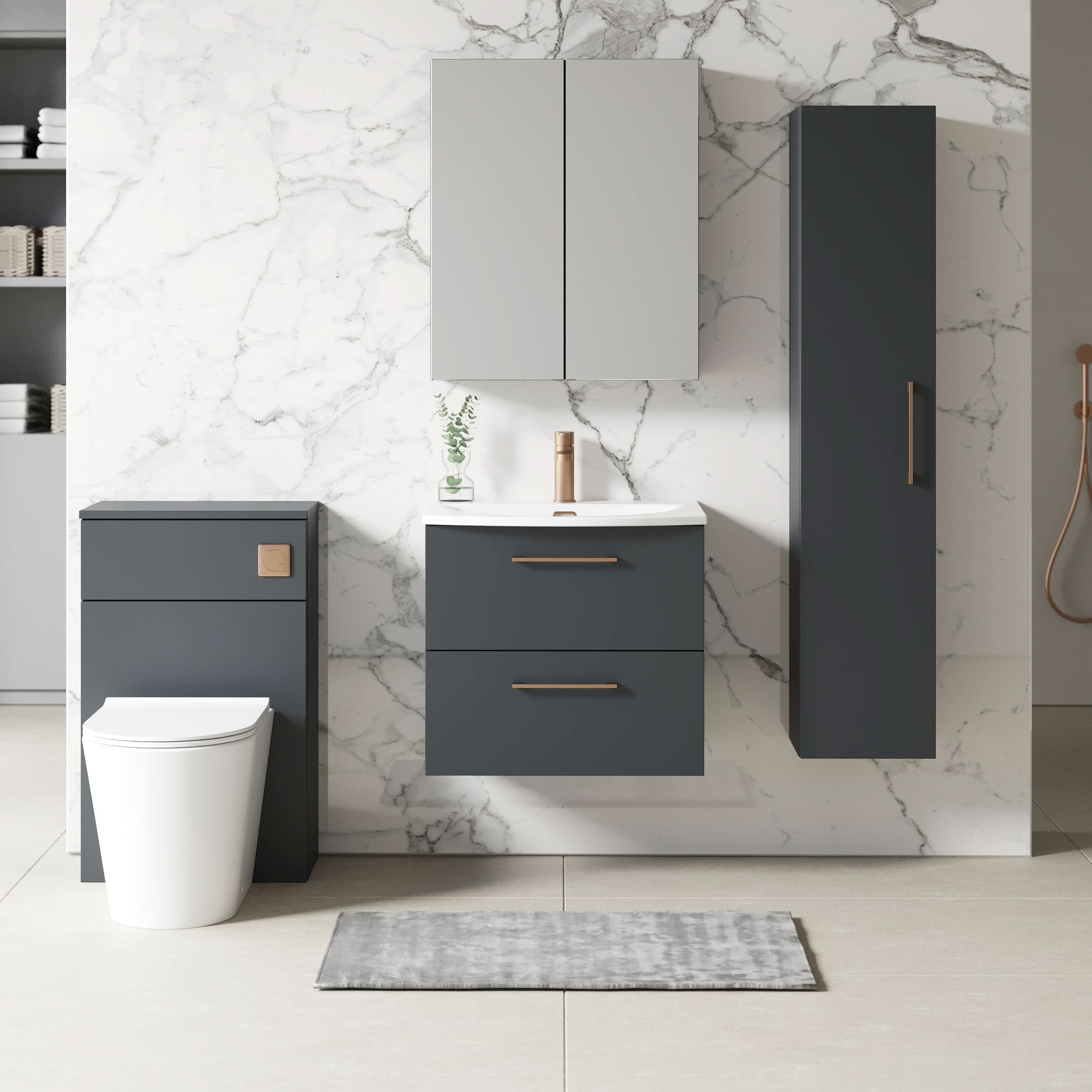 Nuie Arno Wall Hung 2 Drawer Vanity Unit & Curved Ceramic Basin, Elegant Wall Hung Vanity Unit and Basin, Soft Black, 600mm