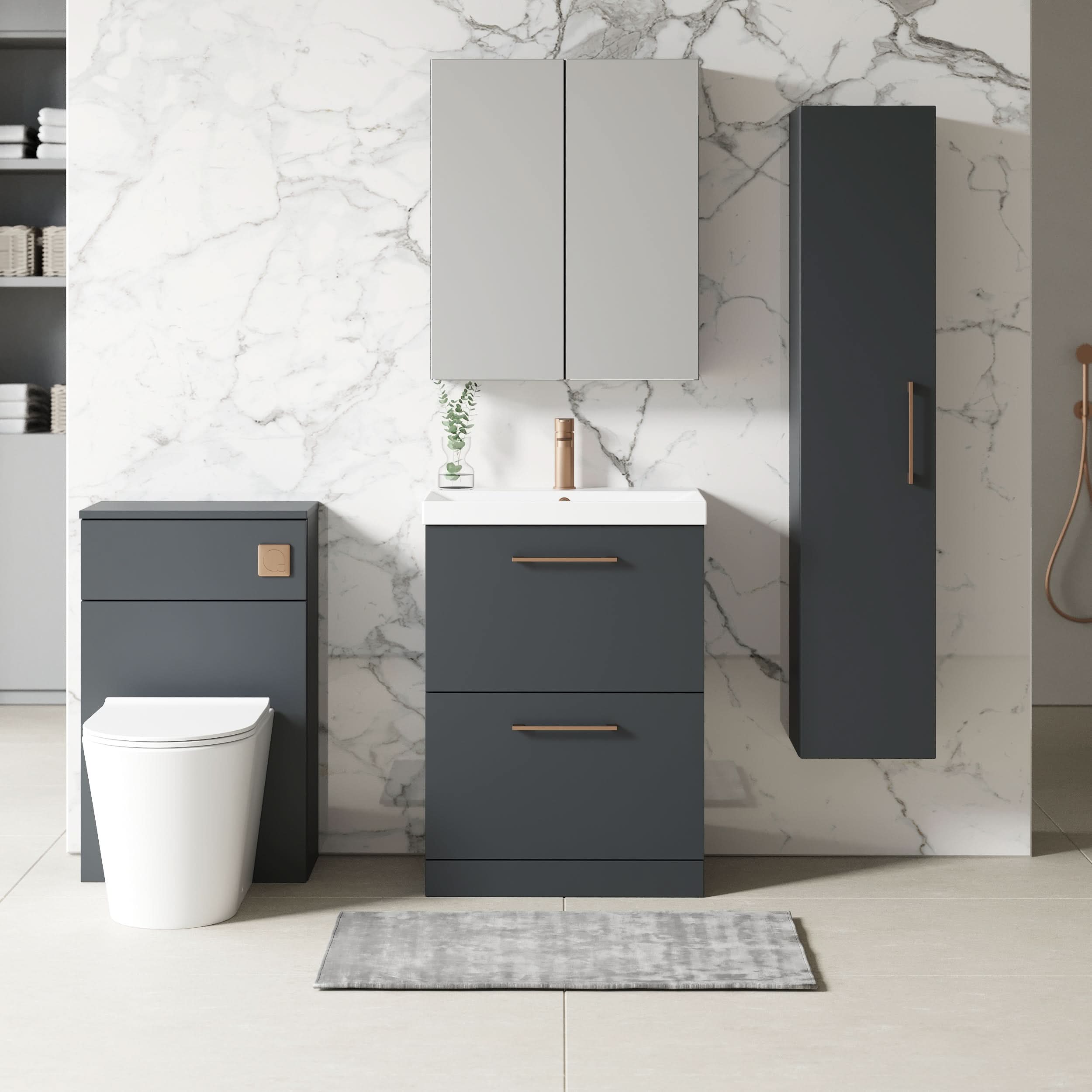 Nuie Arno Floor Standing 2 Drawer Vanity Unit & Thin-Edge Ceramic Basin, Compact Sink Vanity Unit, Soft Black, 600mm