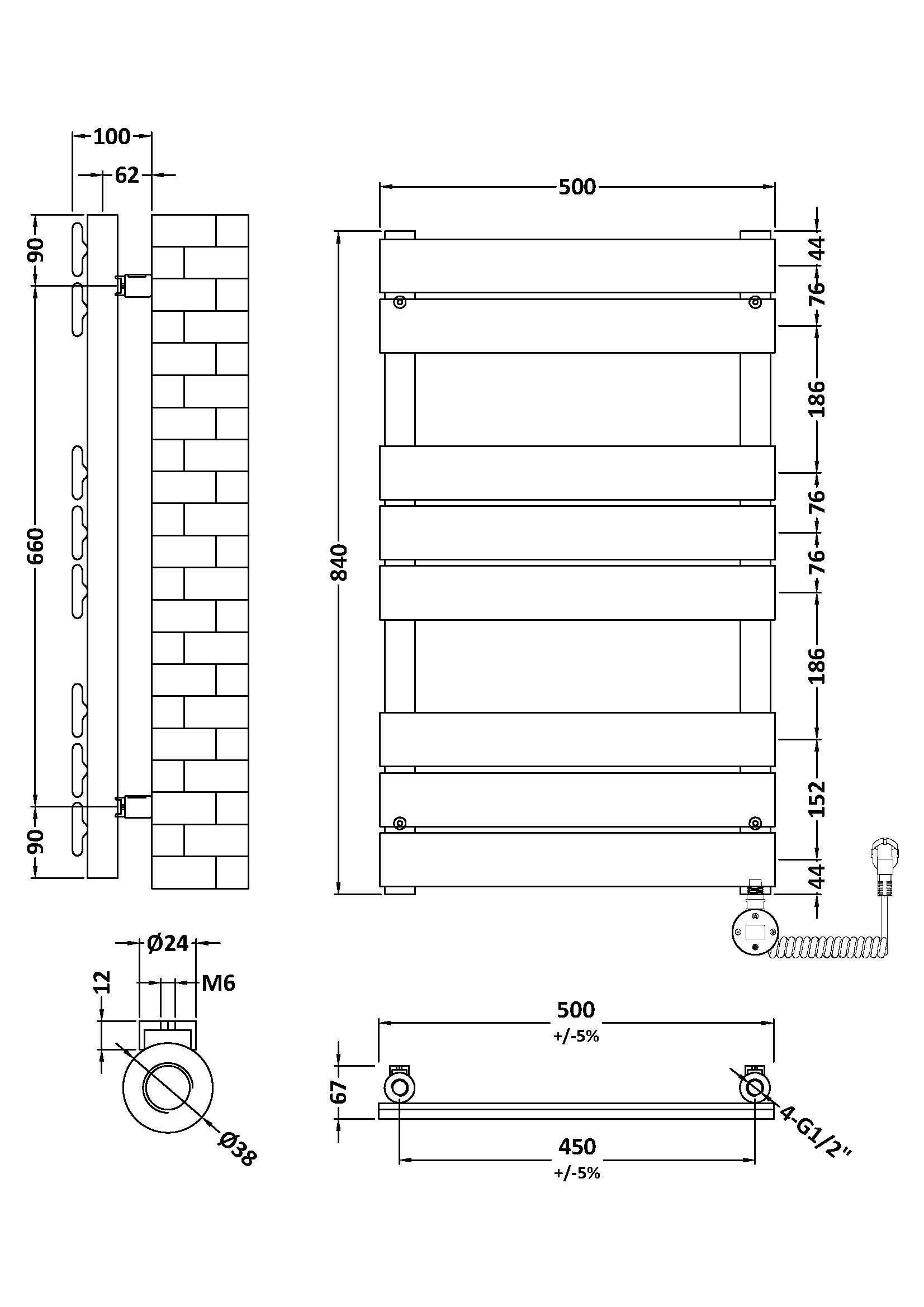 Hudson Reed Electric Square Flat Towel Rail with 8 Bars, Stylish Heated Towel Rail, Anthracite, 840mm x 500mm