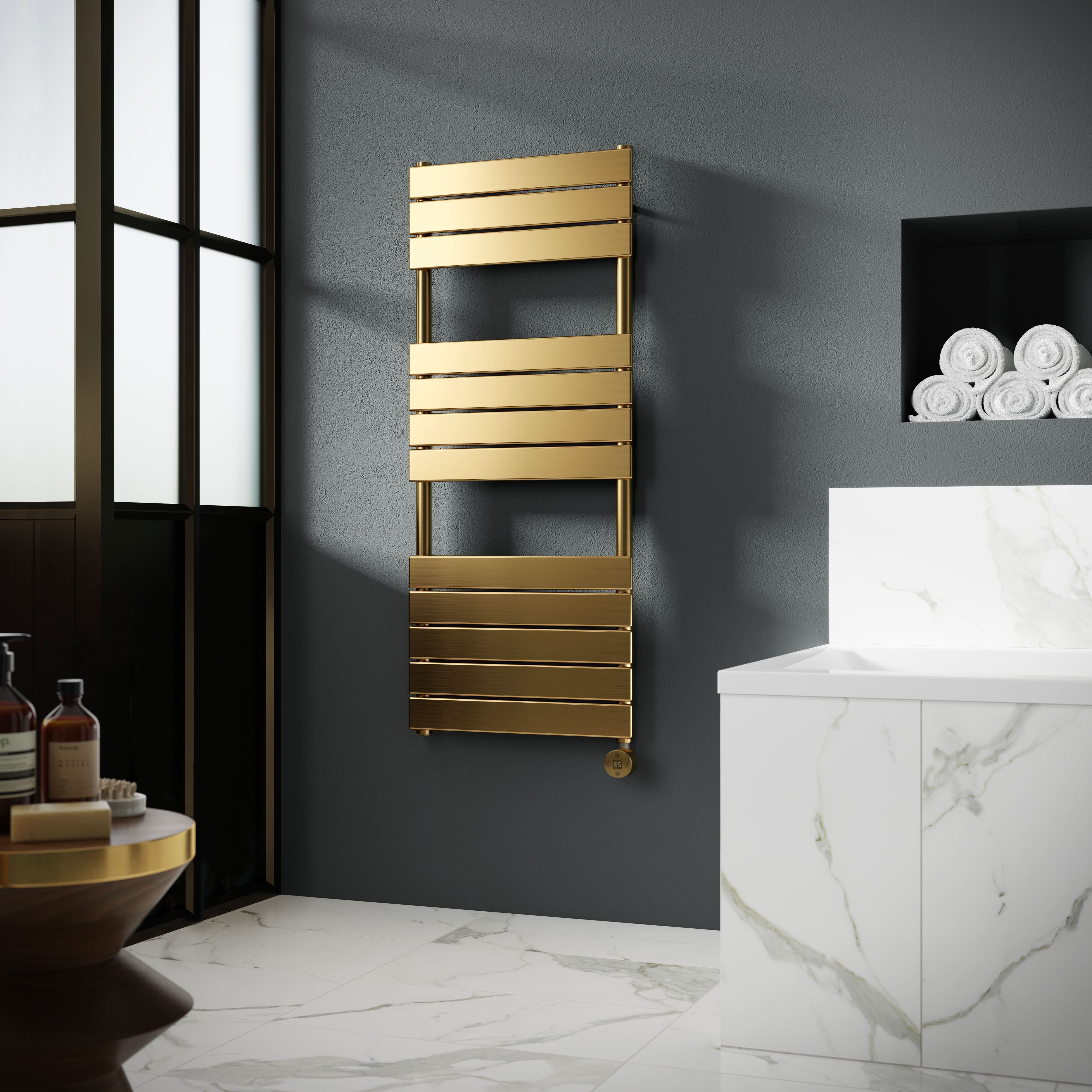 Hudson Reed Wall Hung Electric Square Flat Towel Rail with 8 Bars, Stylish Heated Towel Rail, Brushed Brass, 1213mm x 500mm