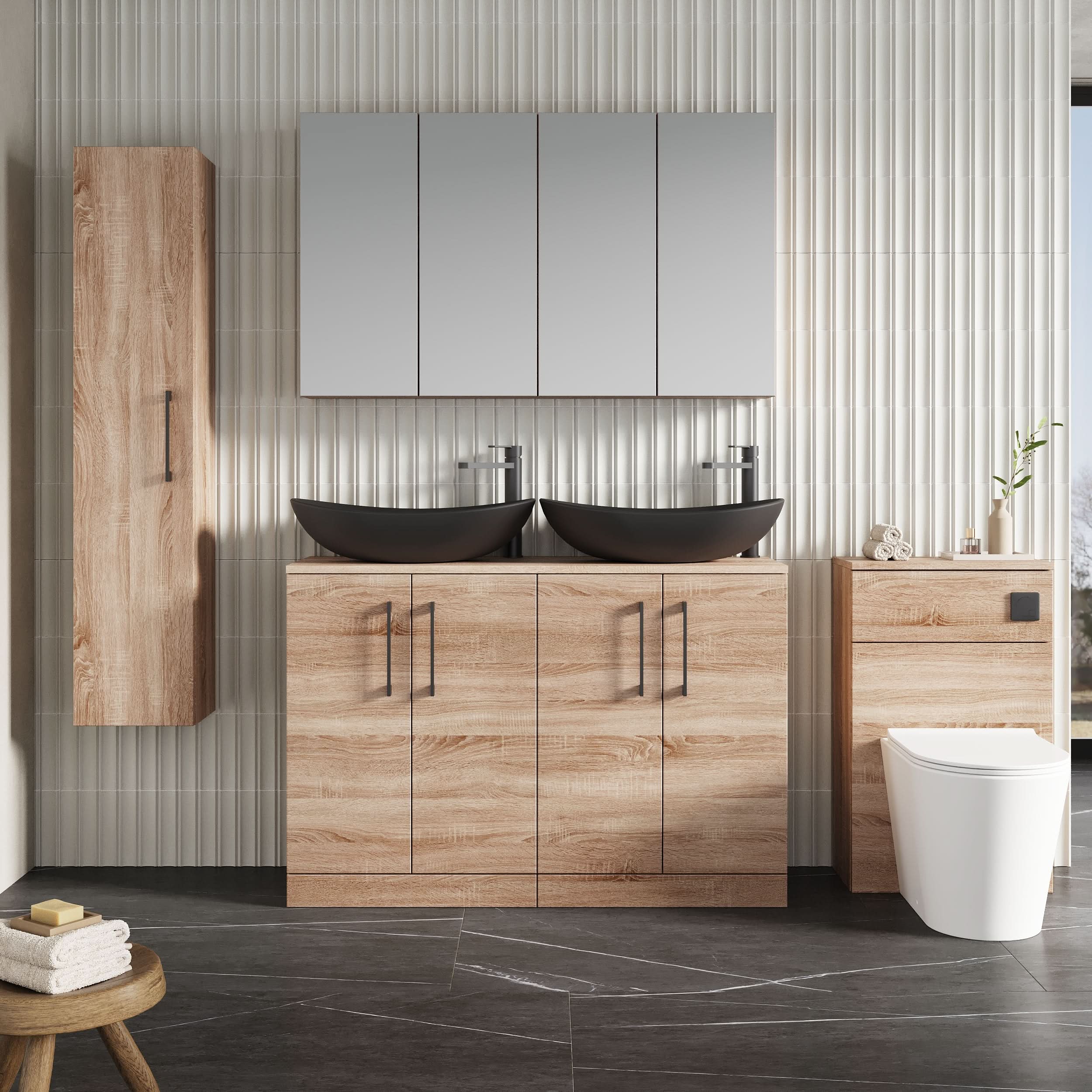Nuie Arno Floor Standing 4-Door Vanity Unit & Worktop, Stylish Modern Vanity Units in Bleached Oak for Contemporary Bathrooms, 1200mm