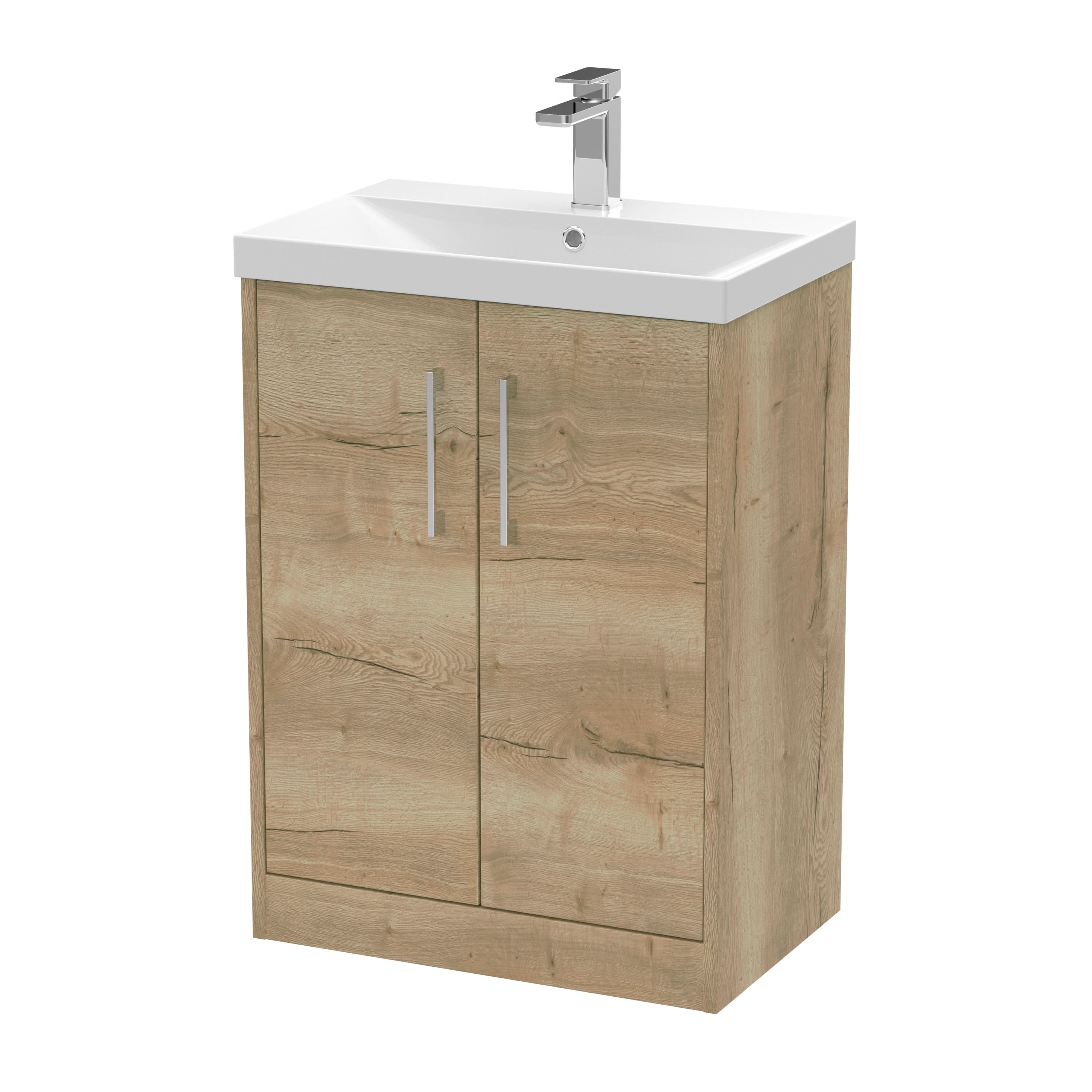 Hudson Reed Juno Floor Standing 2-Door Vanity & Thin-Edge 1 Tap Hole Basin, Premium Sink Vanity Unit, Autumn Oak, 600mm