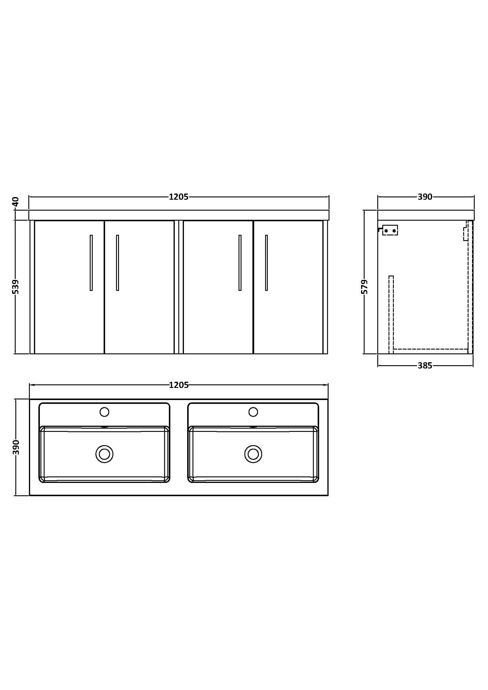 Hudson Reed Fluted Wall Hung 4-Door Vanity and Double Polymarble Basin, Stylish Sink Vanity Unit, Autumn Oak, 1200mm