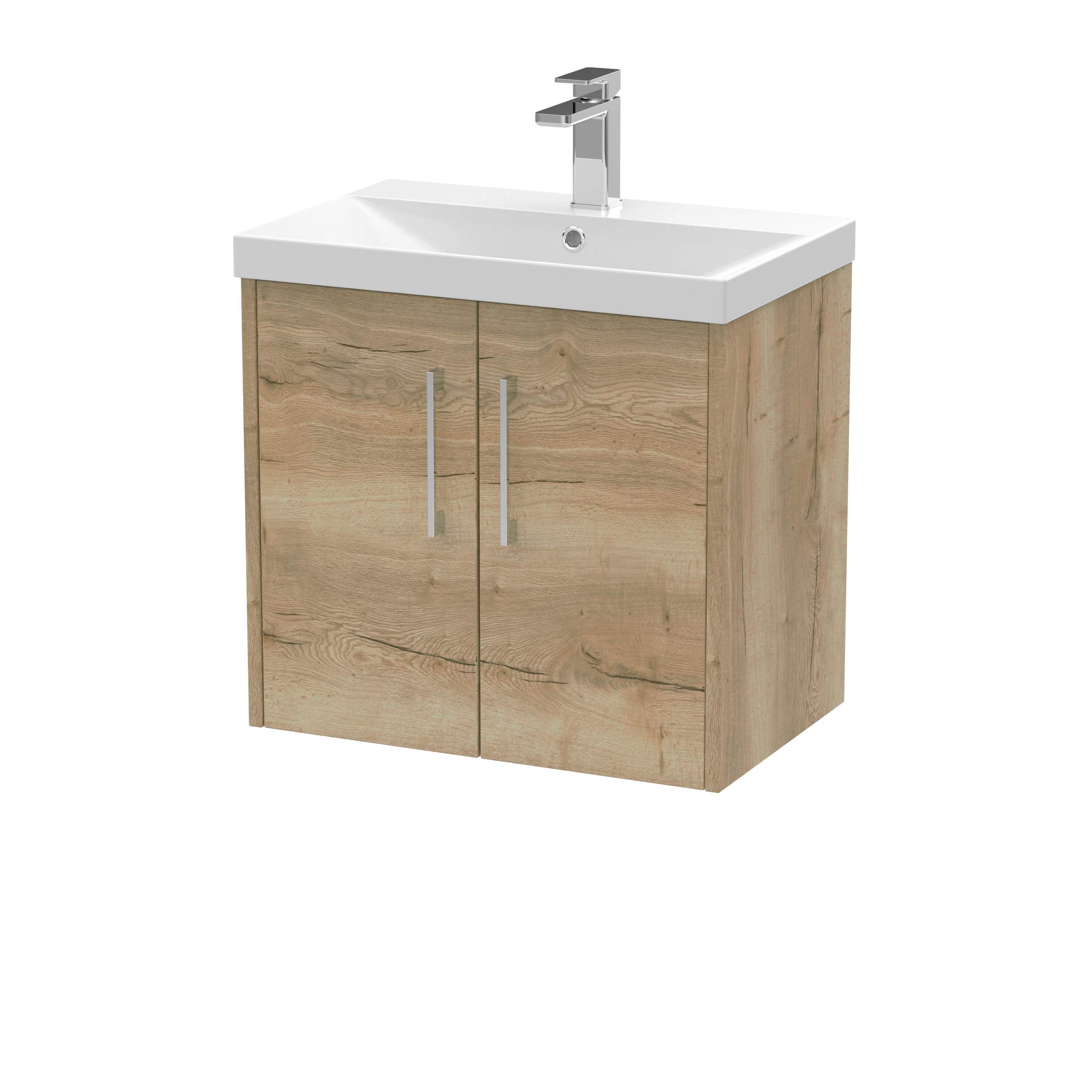 Hudson Reed Juno Wall Hung 2-Door Vanity and Thin-Edge 1 Tap Hole Basin, Modern Sink Vanity Unit, Autumn Oak, 600mm