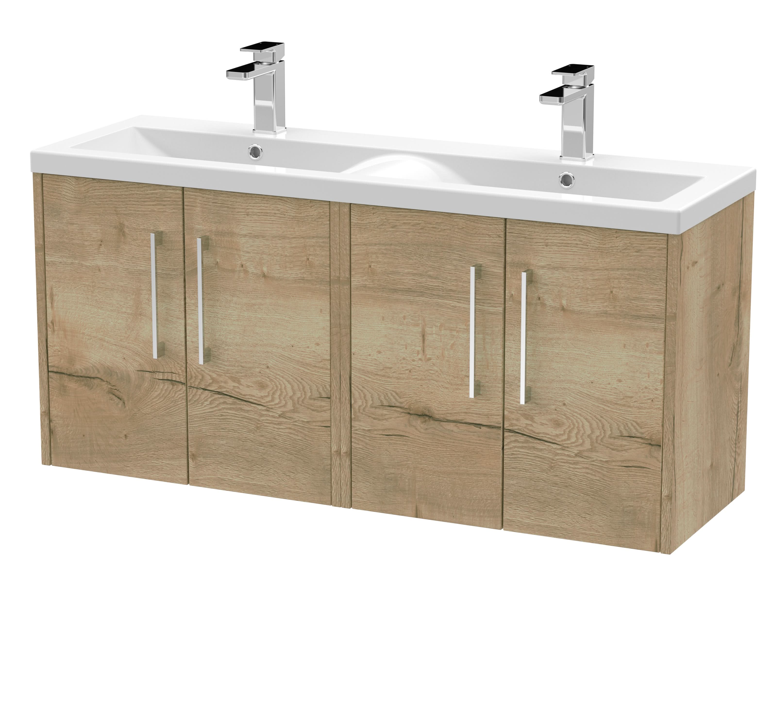 Hudson Reed Fluted Wall Hung 4-Door Vanity and Double Vitreous China Basin, Stylish Sink Vanity Unit, Autumn Oak, 1200mm