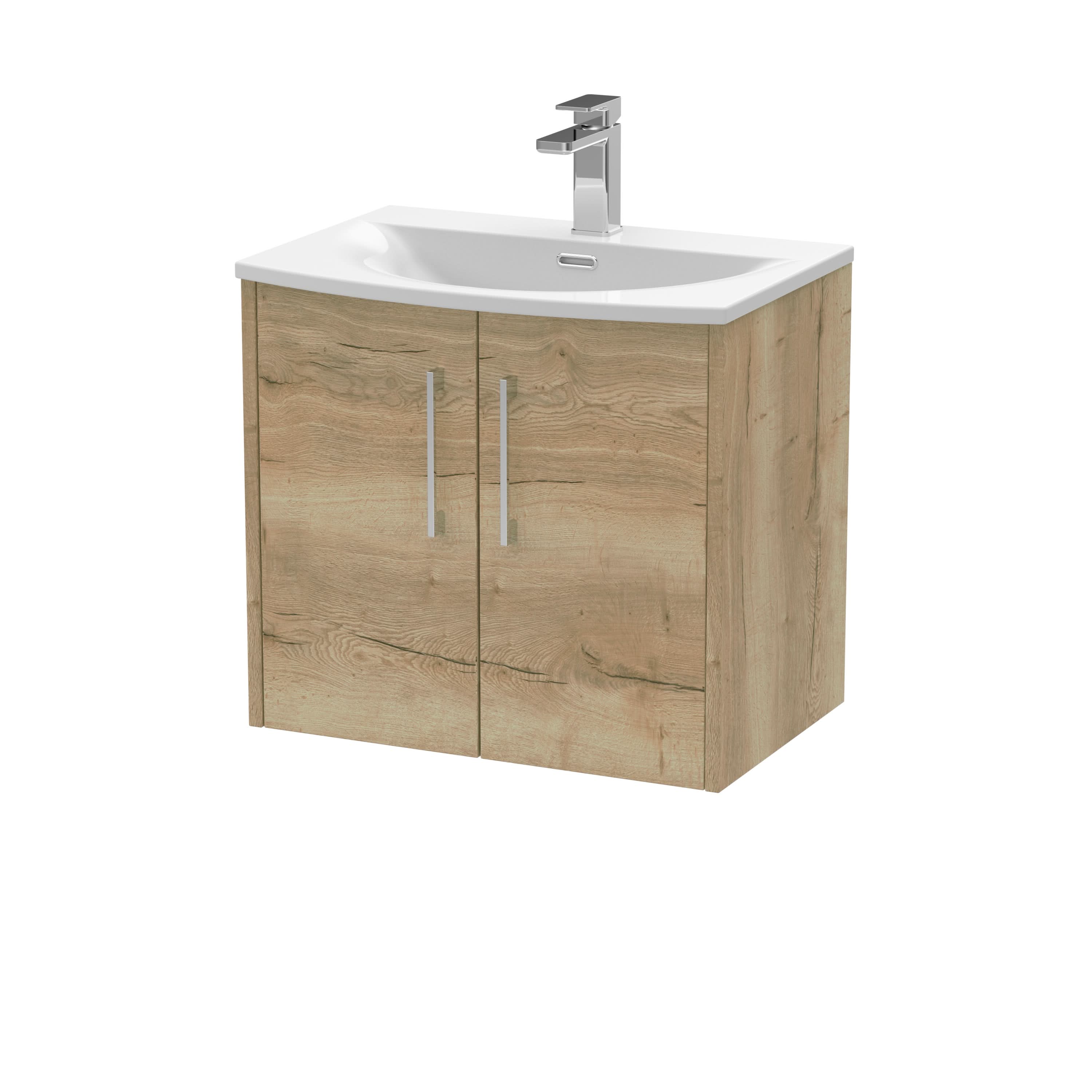 Hudson Reed Juno Wall Hung 2-Door Vanity and Curved 1 Tap Hole Basin, Modern Sink Vanity Unit, Autumn Oak, 600mm