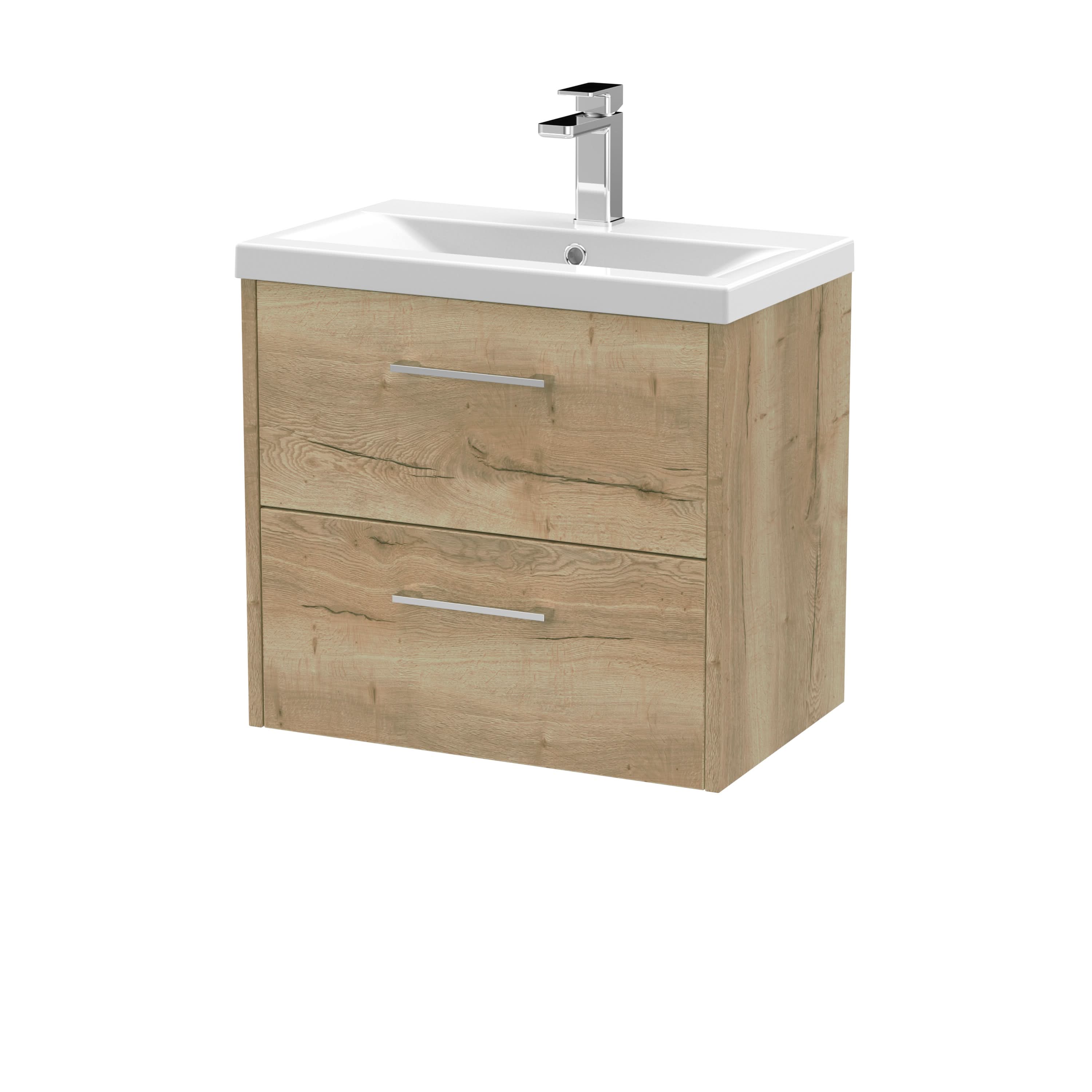 Hudson Reed Juno Wall Hung 2-Drawer Vanity and Mid-Edge 1 Tap Hole Basin, Modern Sink Vanity Unit, Autumn Oak, 600mm
