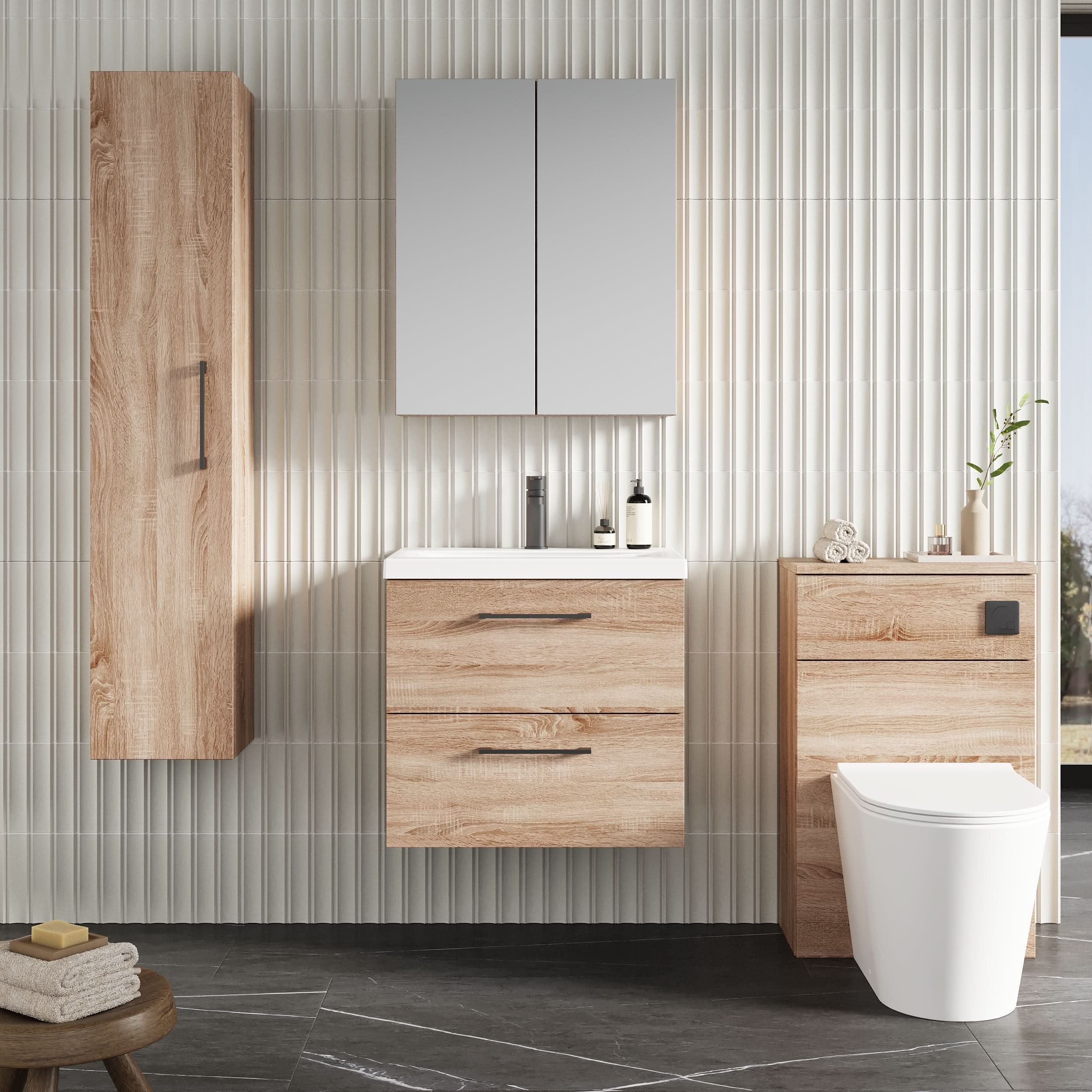 Nuie Arno Wall Hung 2 Drawer Vanity Unit & Mid-Edge Ceramic Basin, Contemporary Sink Vanity Unit in Bleached Oak, 600mm