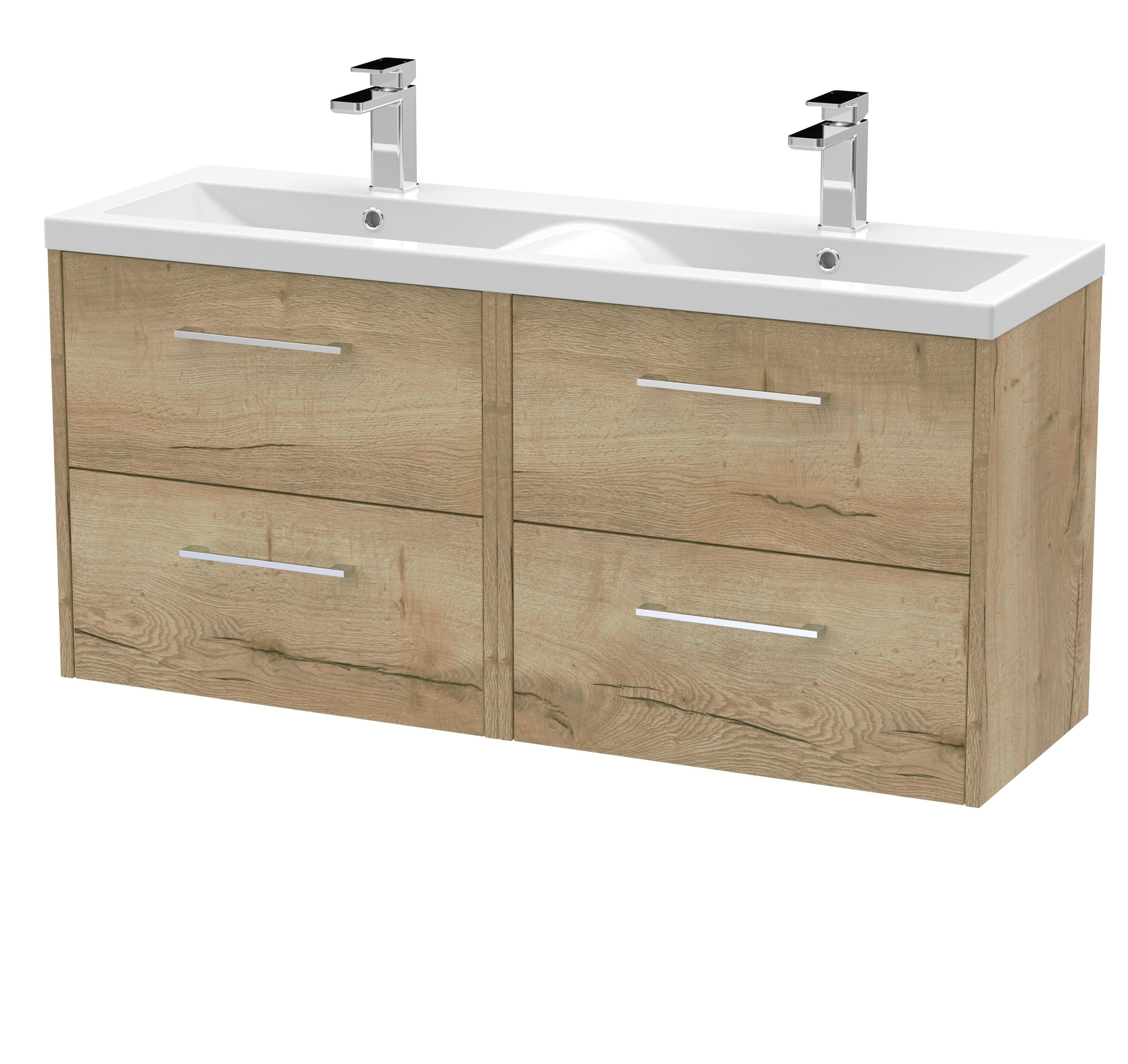 Hudson Reed Fluted Wall Hung 4-Drawer Vanity and Double Vitreous China Basin, Stylish Sink Vanity Unit, Autumn Oak, 1200mm