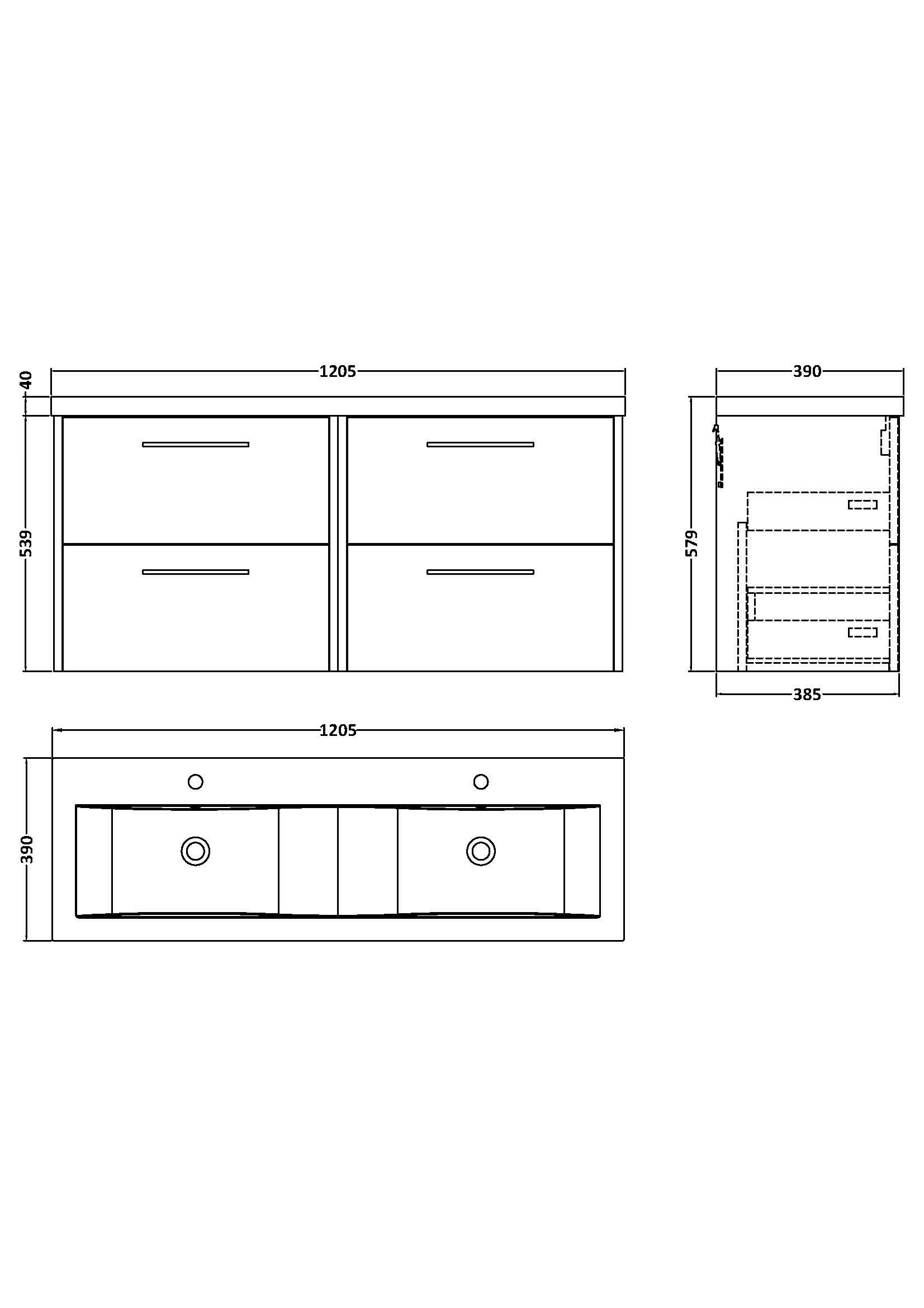 Hudson Reed Fluted Wall Hung 4-Drawer Vanity and Double Vitreous China Basin, Stylish Sink Vanity Unit, Autumn Oak, 1200mm