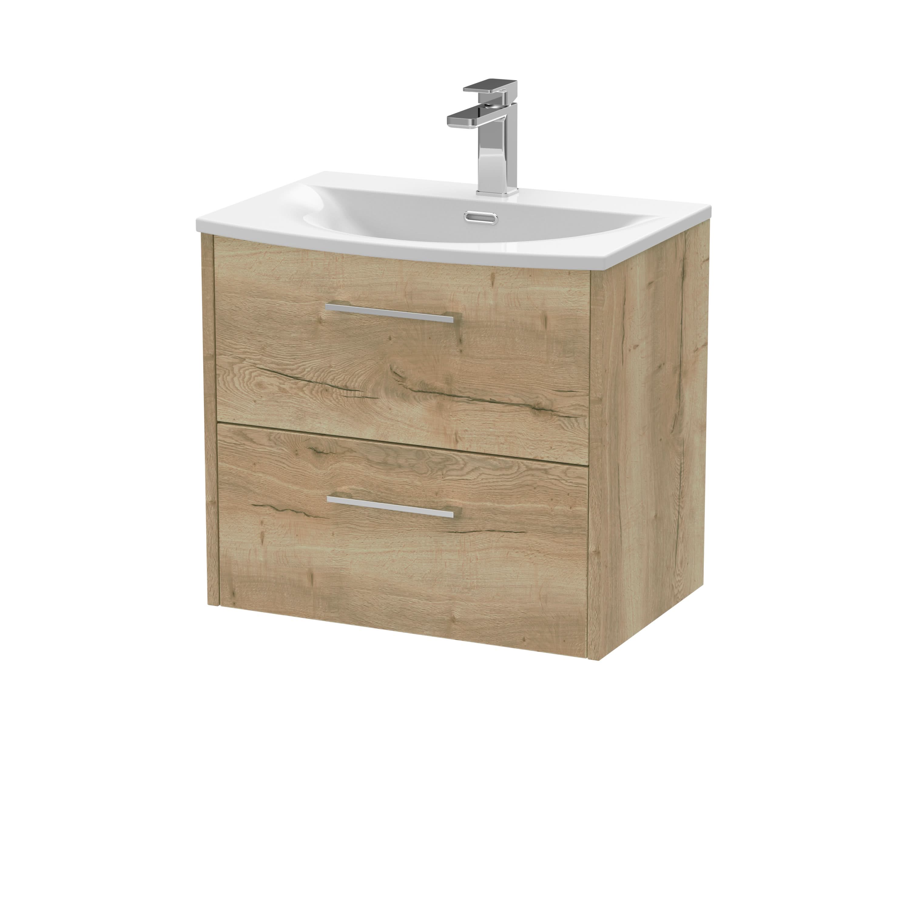 Hudson Reed Juno Wall Hung 2-Drawer Vanity and Curved 1 Tap Hole Basin, Modern Sink Vanity Unit, Autumn Oak, 600mm