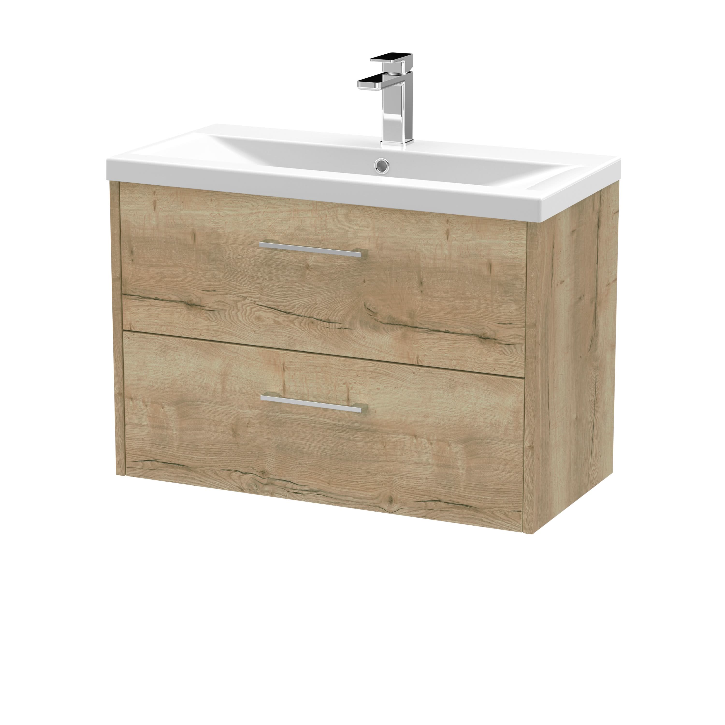Hudson Reed Juno Wall Hung 2-Drawer Vanity & Mid-Edge 1 Tap Hole Basin, Contemporary Sink Vanity Unit, Autumn Oak, 800mm