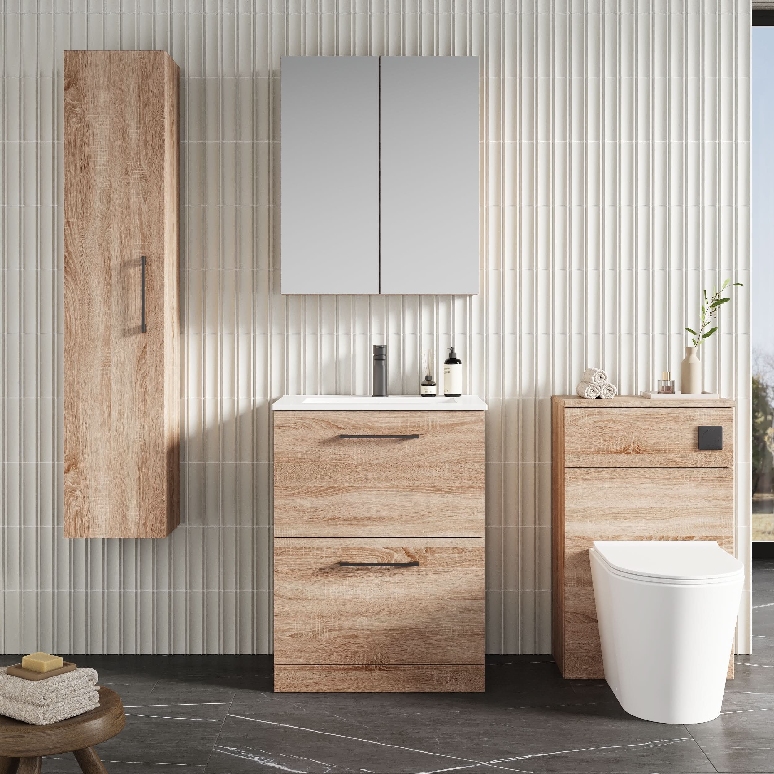 Nuie Arno Floor Standing 2 Drawer Vanity Unit & Minimalist Ceramic Basin, Contemporary Sink Vanity Unit in Bleached Oak, 600mm