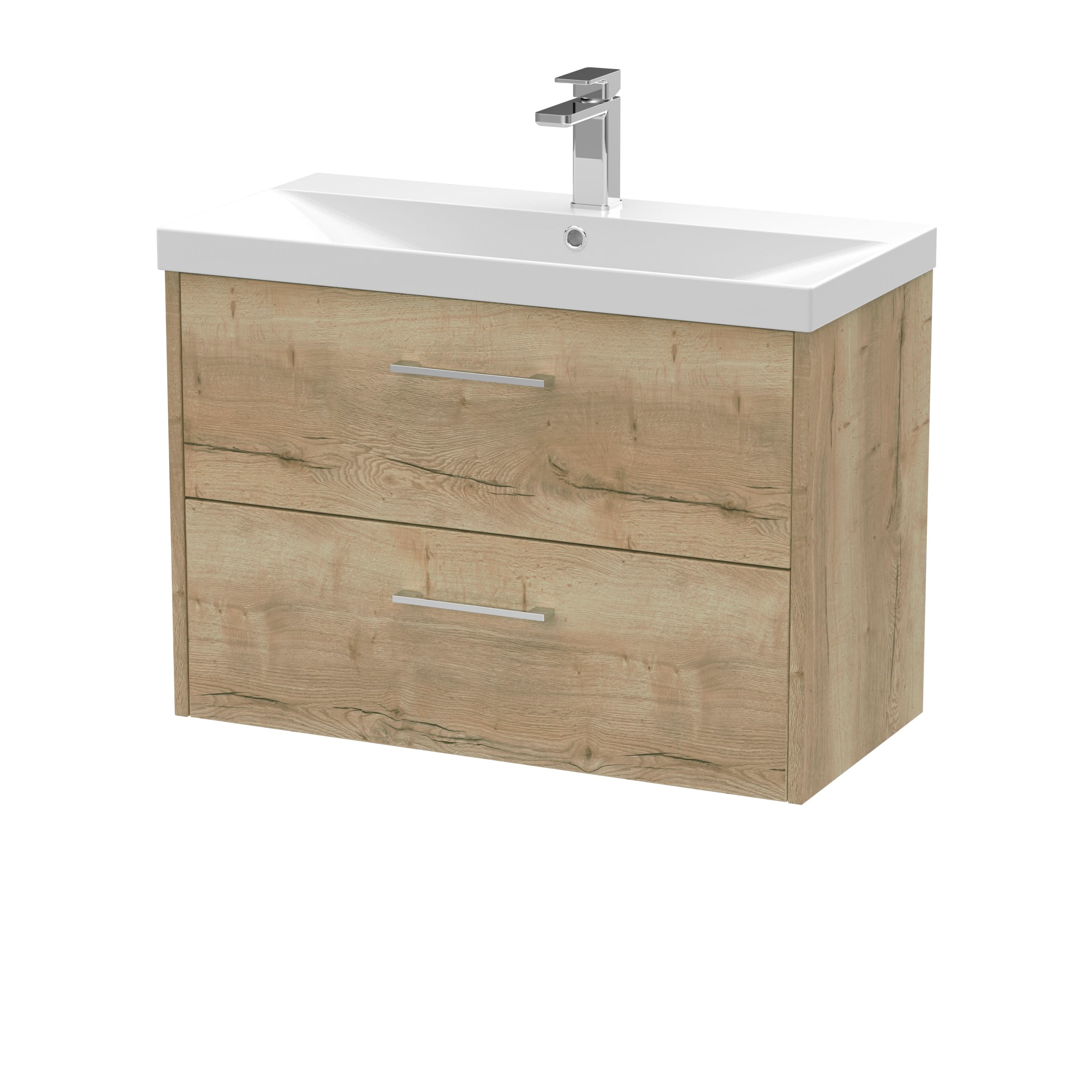 Hudson Reed Juno Wall Hung 2-Drawer Vanity & Thin-Edge 1 Tap Hole Basin, Contemporary Sink Vanity Unit, Autumn Oak, 800mm