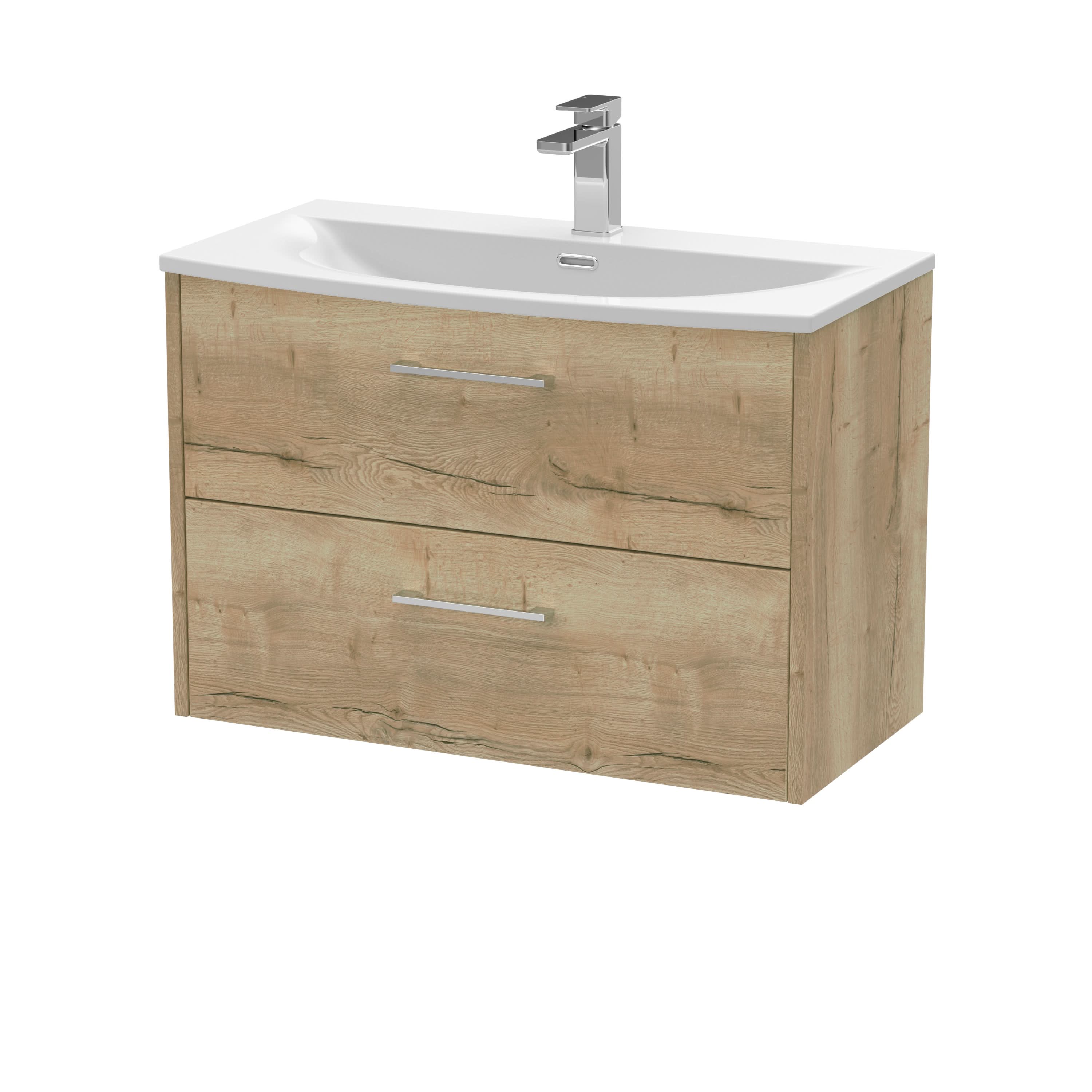 Hudson Reed Juno Wall Hung 2-Drawer Vanity & Curved 1 Tap Hole Basin, Contemporary Sink Vanity Unit, Autumn Oak, 800mm