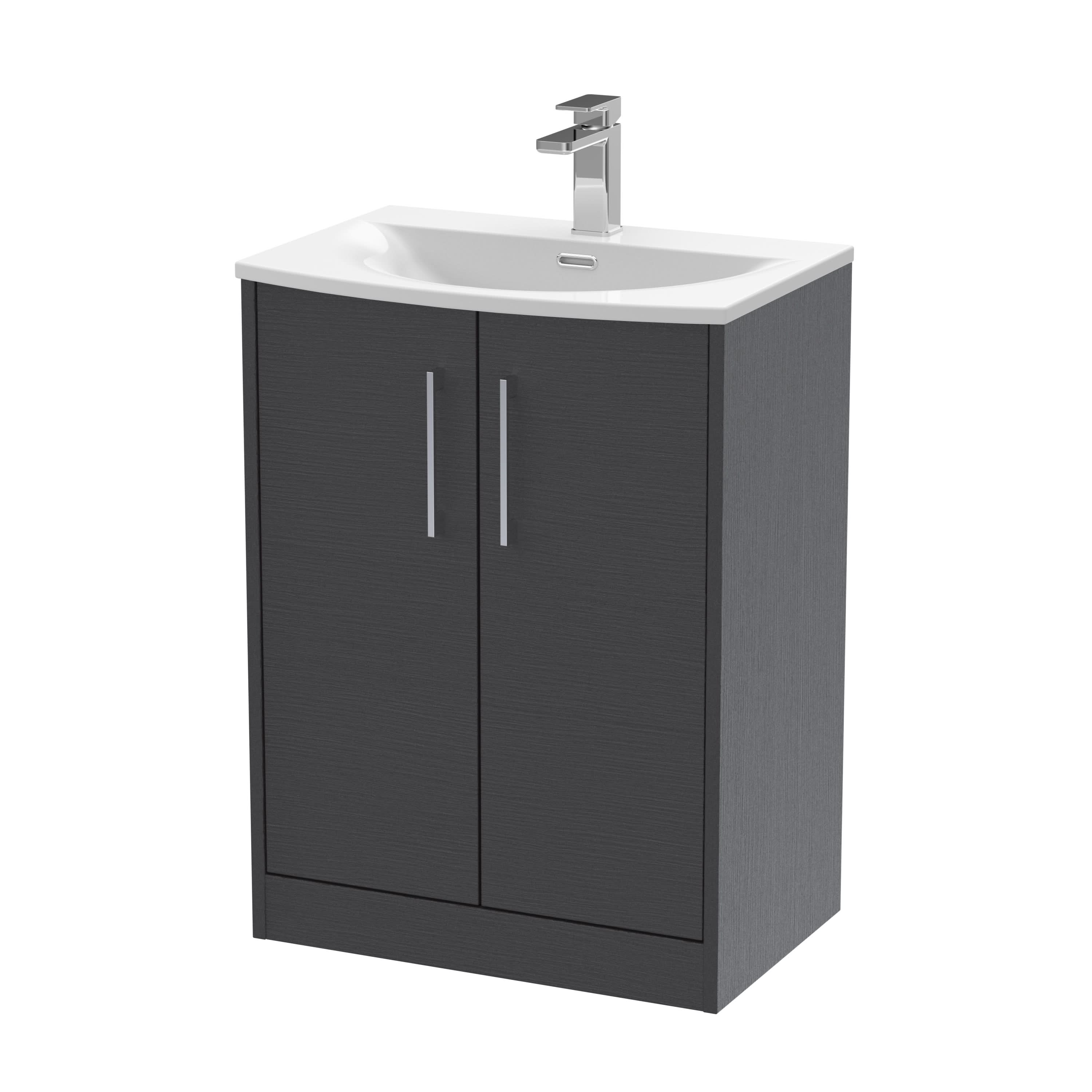 Hudson Reed Juno Floor Standing 2-Door Vanity & Curved 1 Tap Hole Basin, Elegant Sink Vanity Unit, Graphite Grey Woodgrain, 600mm
