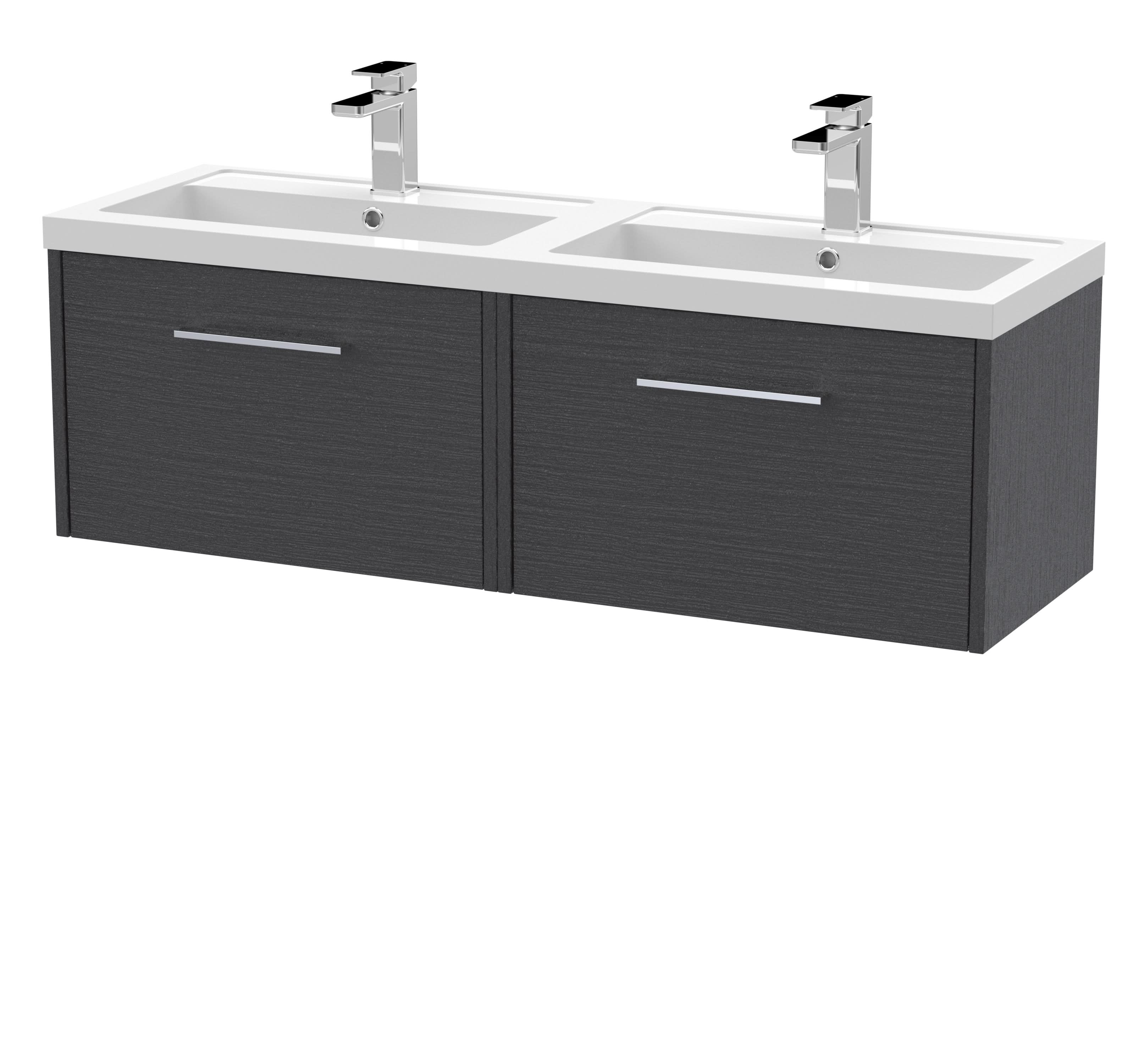 Hudson Reed Fluted Wall Hung 2-Drawer Vanity and Double Polymarble Basin, Contemporary Sink Vanity Unit, Graphite Grey Woodgrain, 1200mm