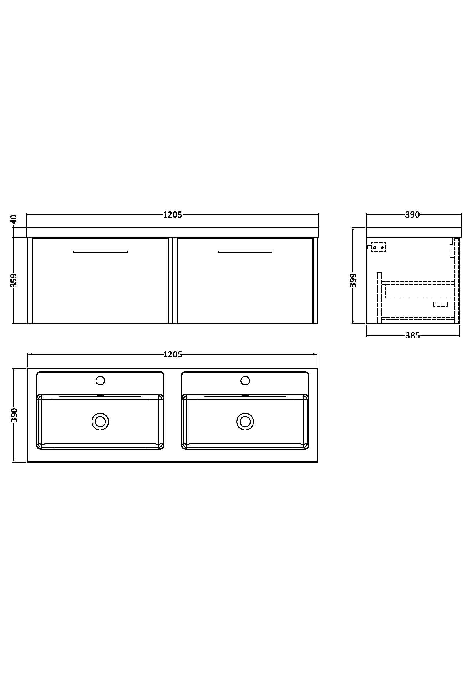 Hudson Reed Fluted Wall Hung 2-Drawer Vanity and Double Polymarble Basin, Contemporary Sink Vanity Unit, Graphite Grey Woodgrain, 1200mm