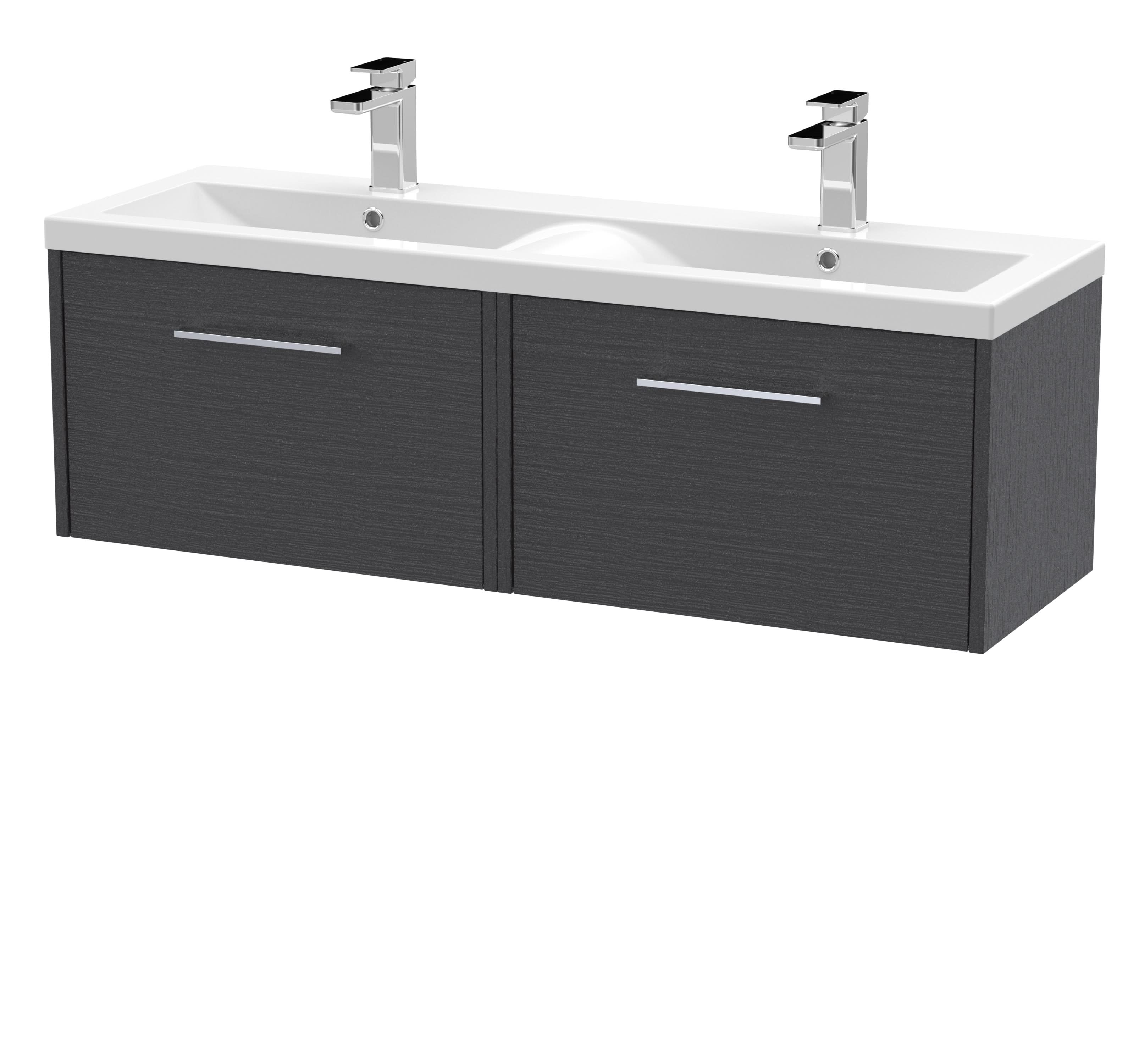 Hudson Reed Fluted Wall Hung 2-Drawer Vanity and Double Vitreous China Basin, Contemporary Sink Vanity Unit, Graphite Grey Woodgrain, 1200mm