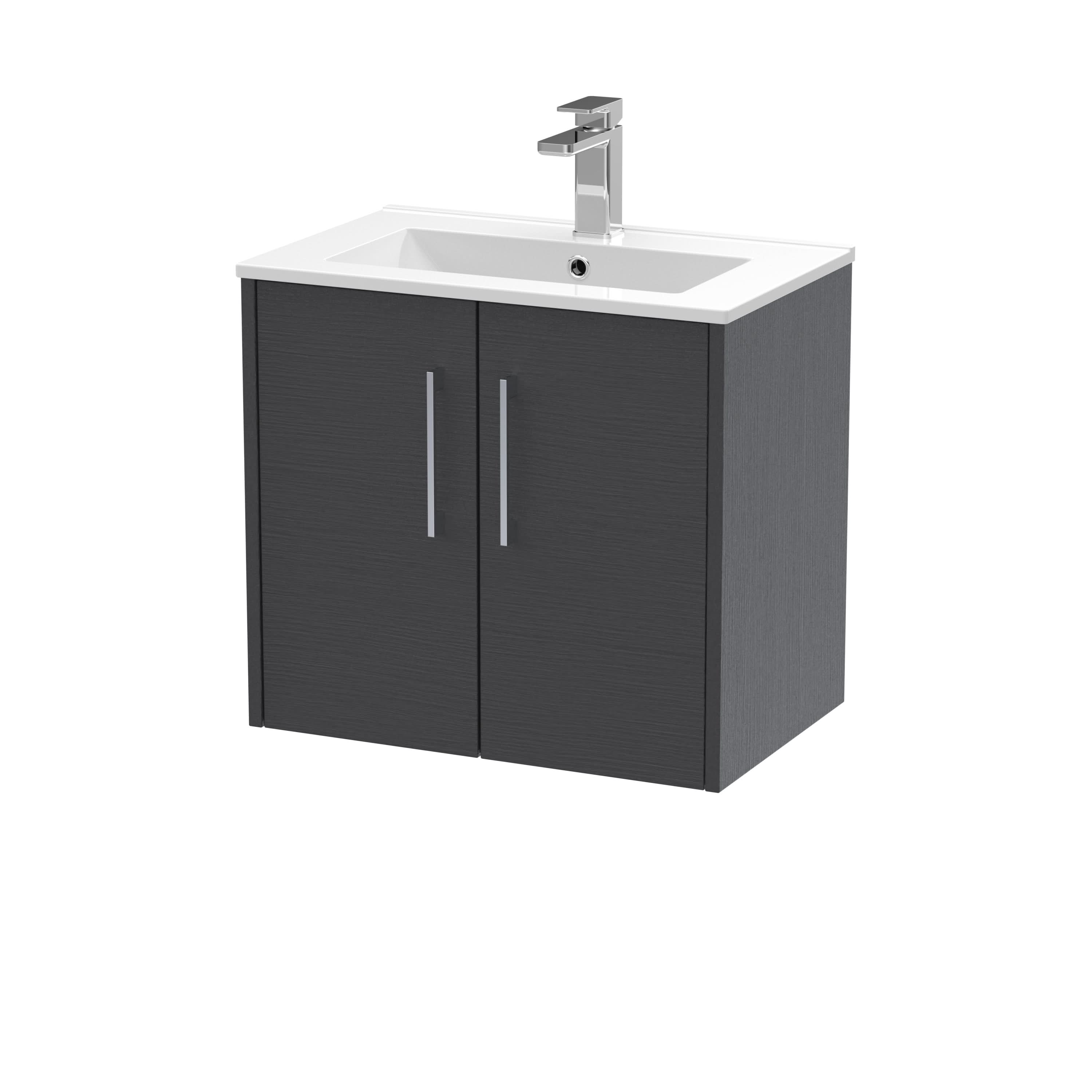 Hudson Reed Juno Wall Hung 2-Door Vanity and Minimalist 1 Tap Hole Basin, Stylish Sink Vanity Unit, Graphite Grey Woodgrain, 600mm