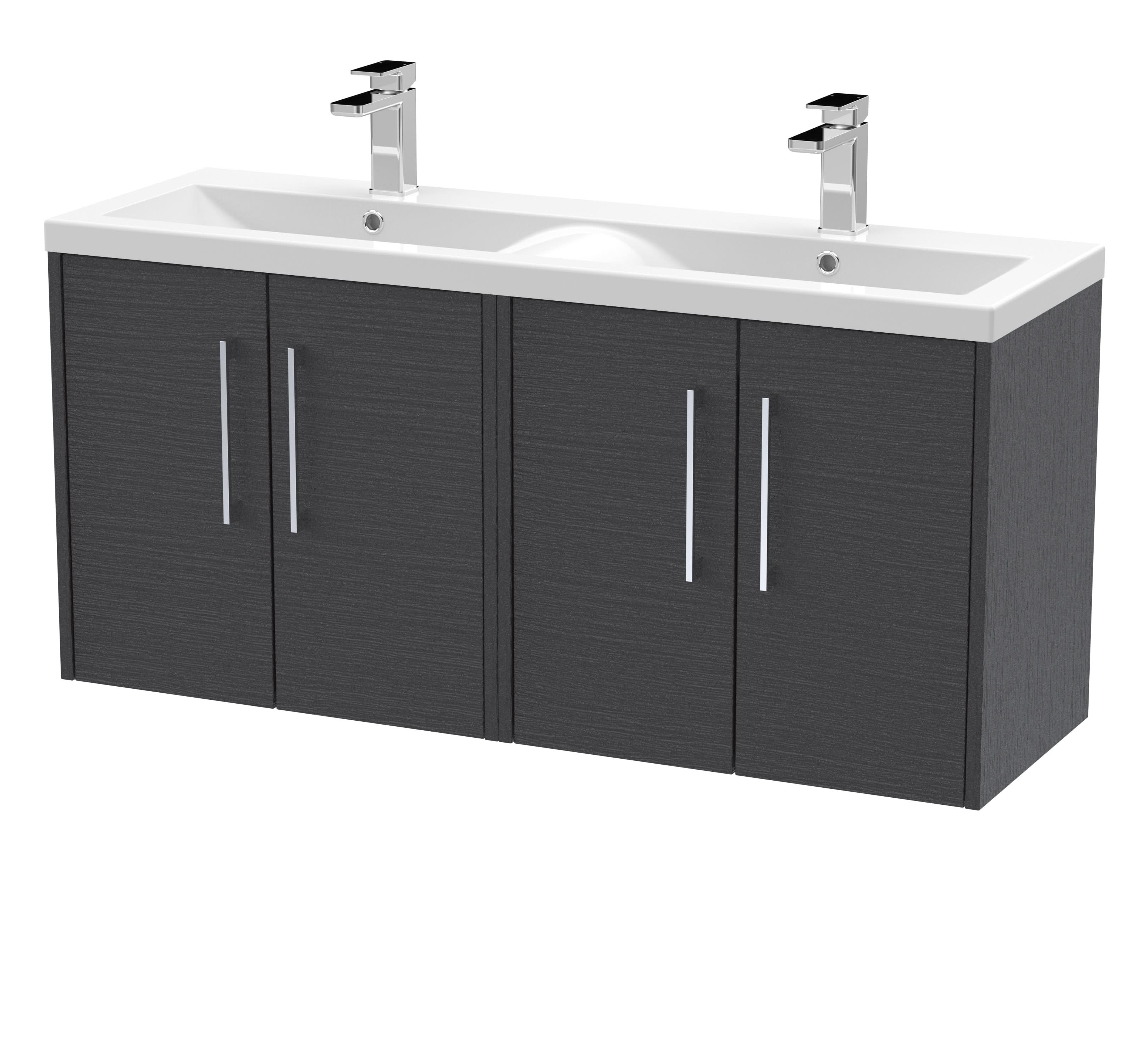 Hudson Reed Fluted Wall Hung 4-Door Vanity and Double Vitreous China Basin, Contemporary Sink Vanity Unit, Graphite Grey Woodgrain, 1200mm