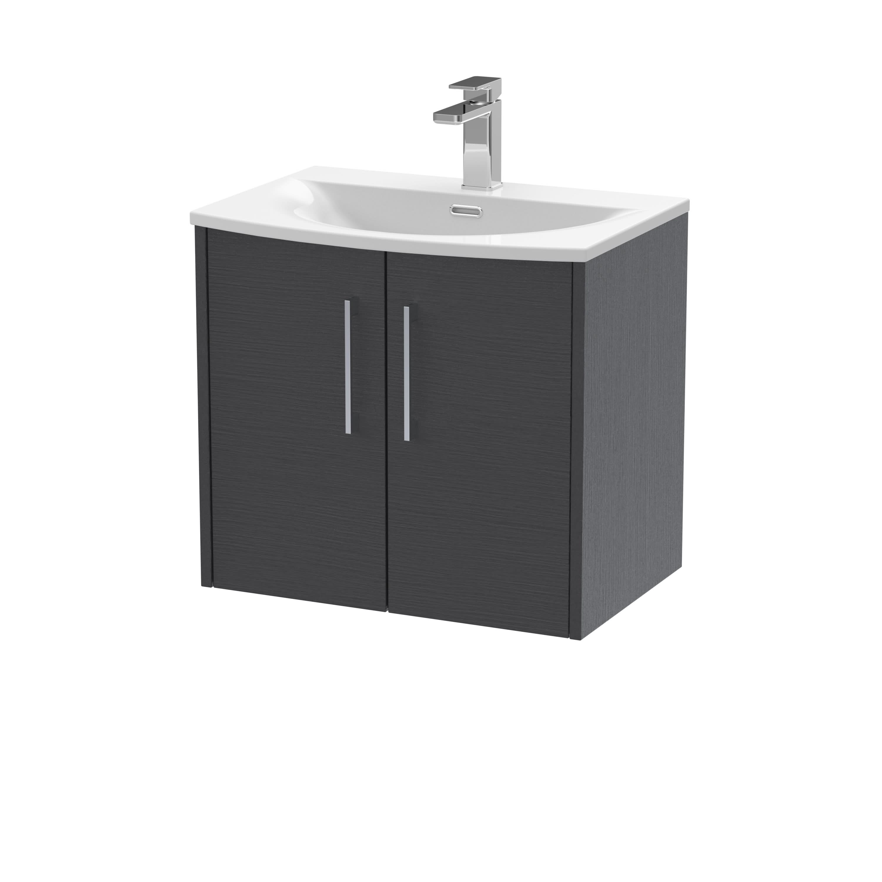 Hudson Reed Juno Wall Hung 2-Door Vanity and Curved 1 Tap Hole Basin, Stylish Sink Vanity Unit, Graphite Grey Woodgrain, 600mm