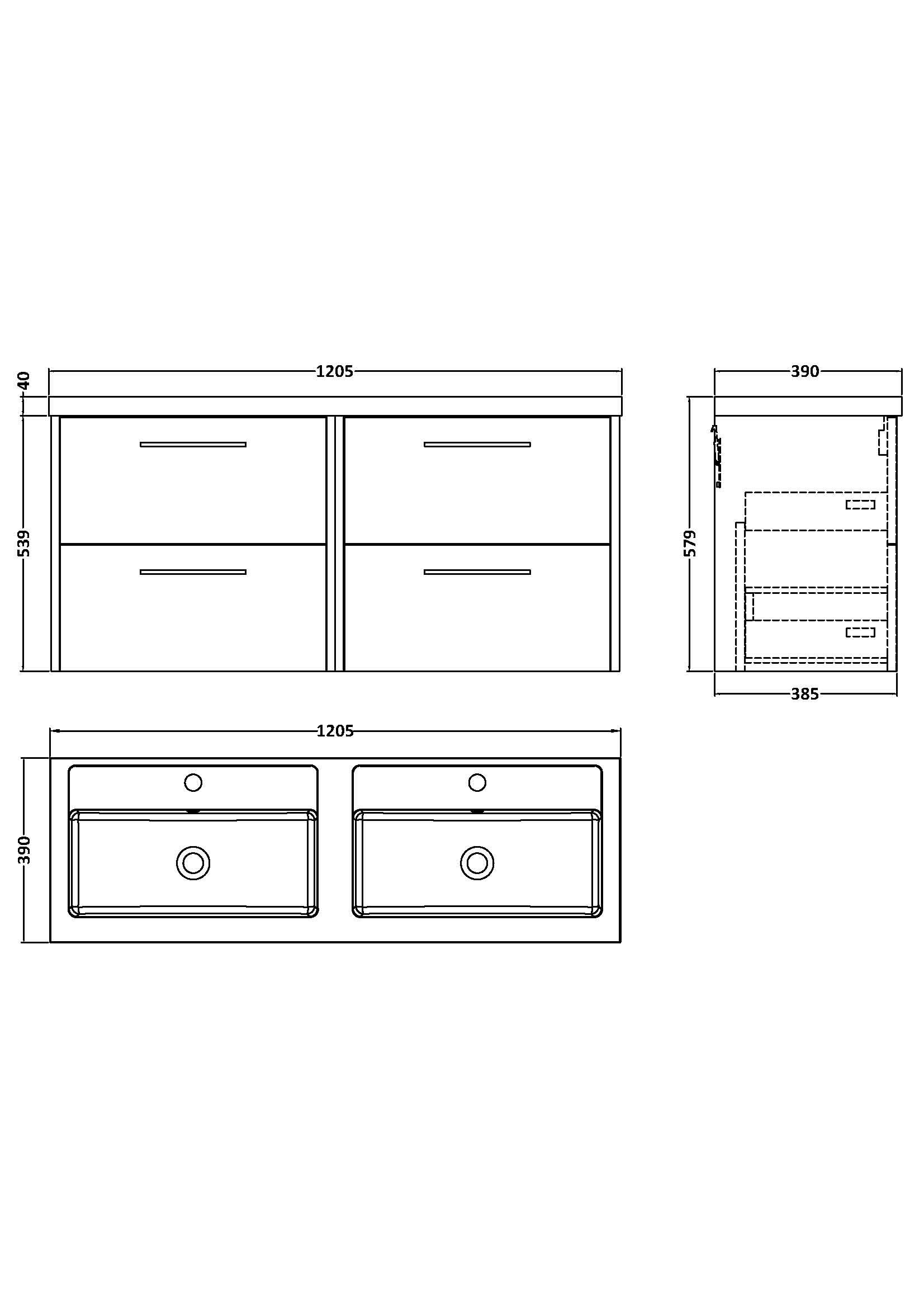Hudson Reed Fluted Wall Hung 4-Drawer Vanity and Double Polymarble Basin, Contemporary Sink Vanity Unit, Graphite Grey Woodgrain, 1200mm