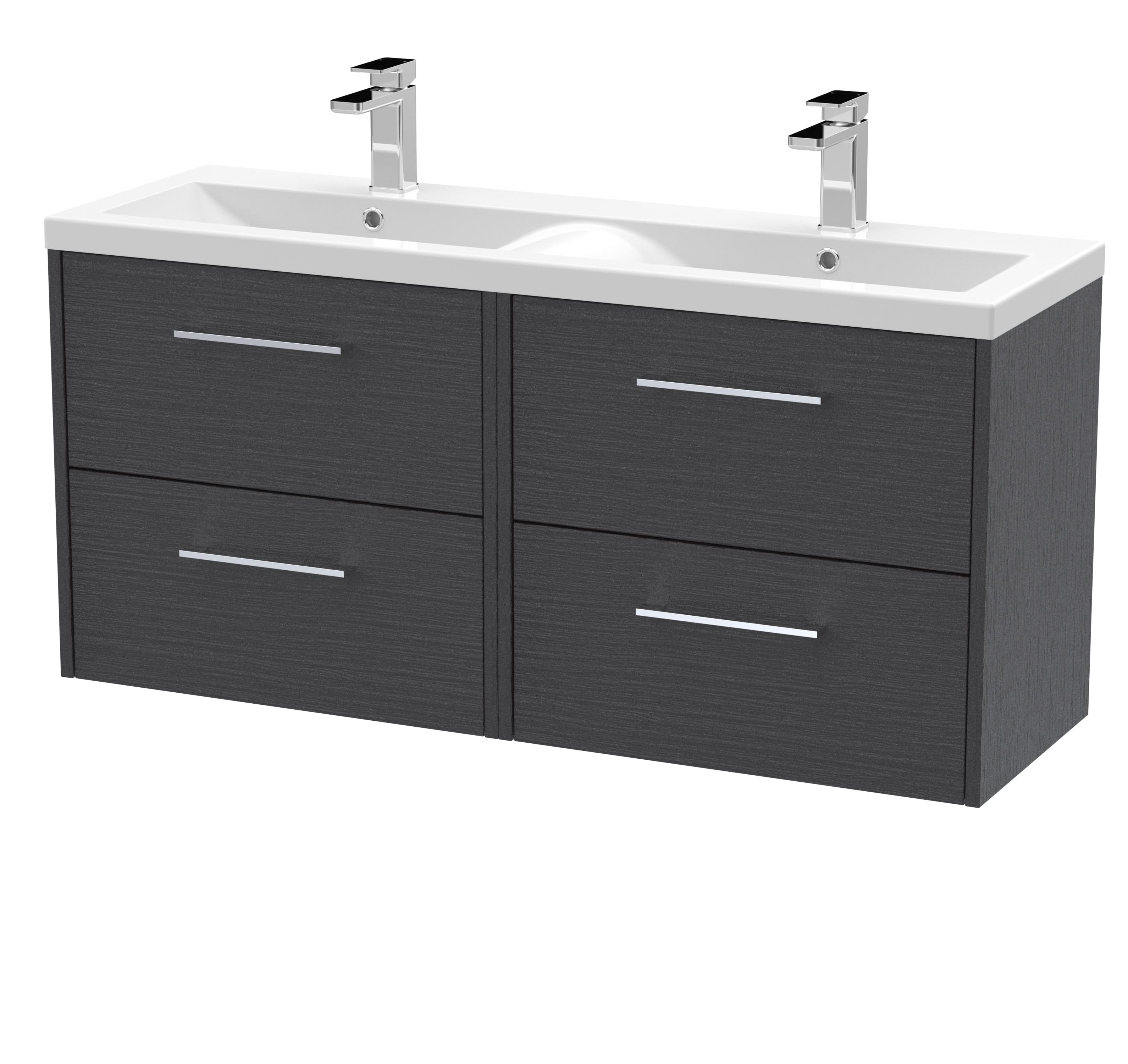 Hudson Reed Fluted Wall Hung 4-Drawer Vanity and Double Vitreous China Basin, Contemporary Sink Vanity Unit, Graphite Grey Woodgrain, 1200mm