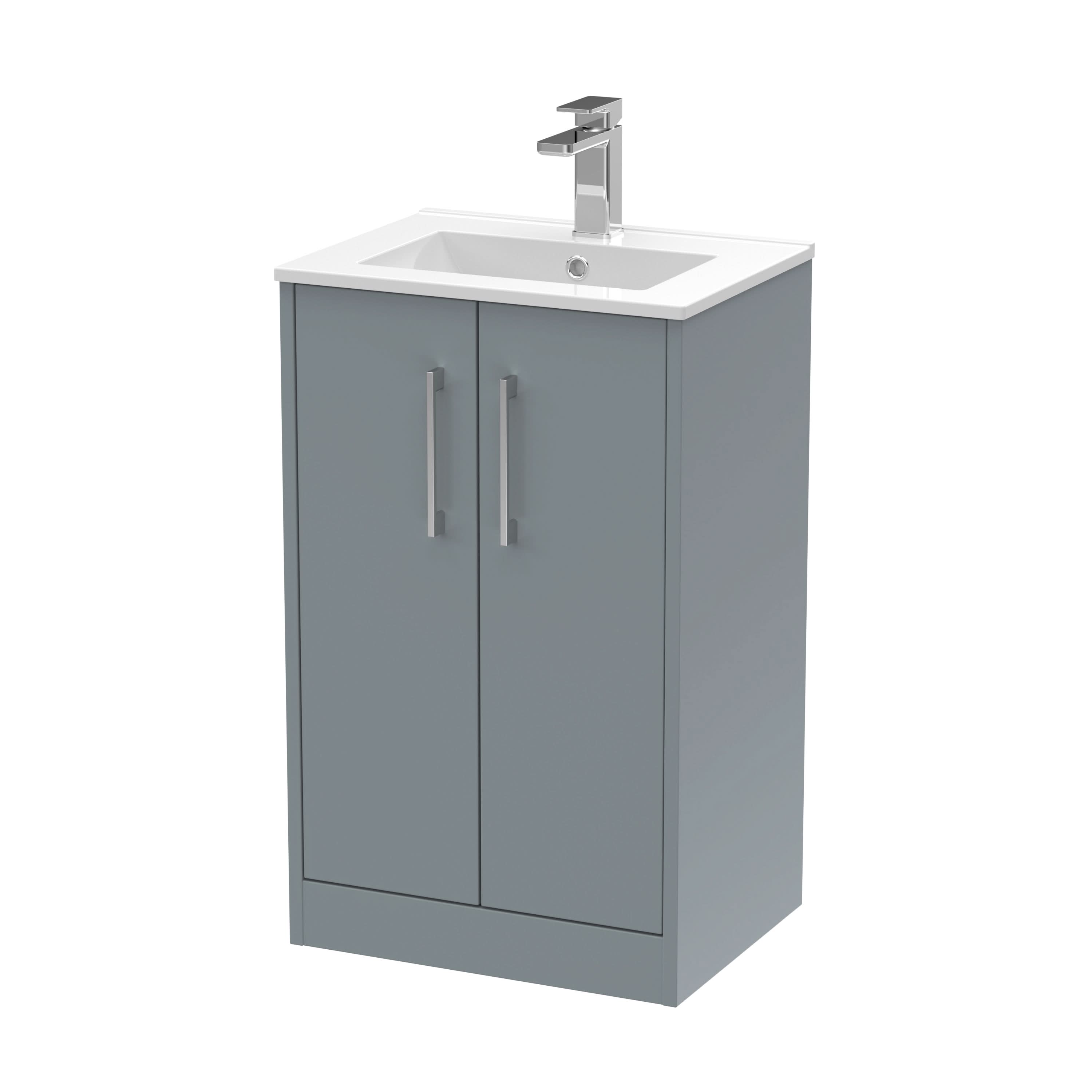 Hudson Reed Juno Floor Standing 2-Door Vanity & Minimalist 1 Tap Hole Basin, Timeless Sink Vanity Unit, Coastal Grey, 500mm
