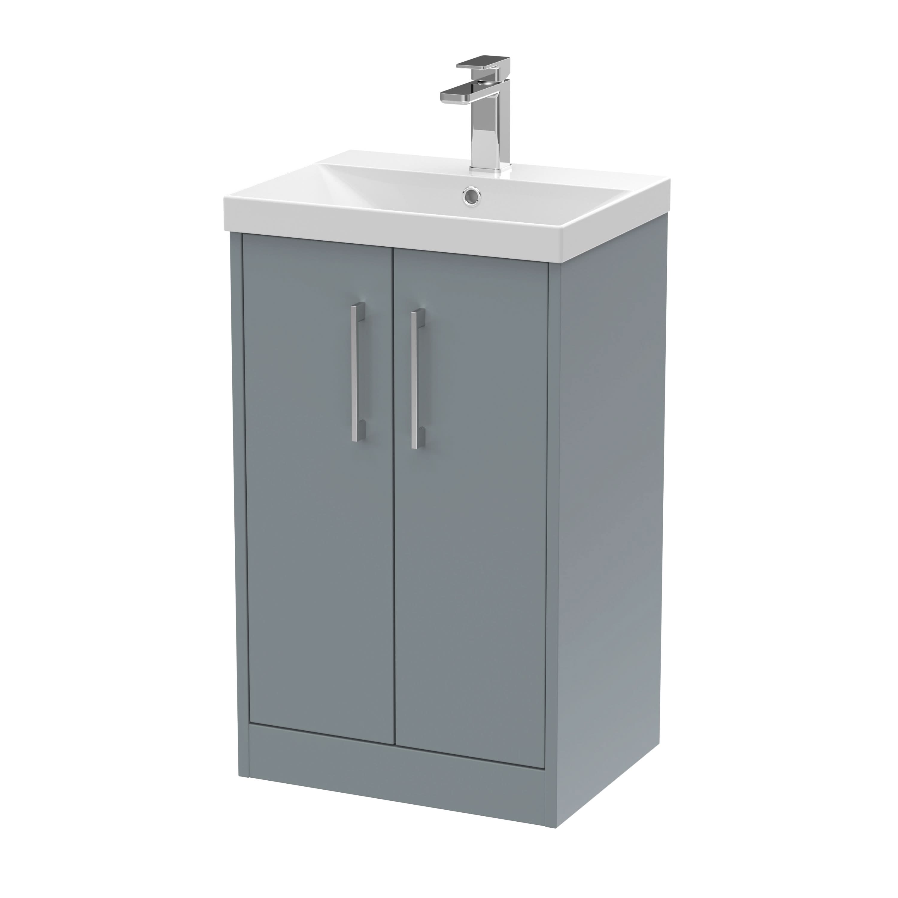 Hudson Reed Juno Floor Standing 2-Door Vanity & Thin-Edge 1 Tap Hole Basin, Timeless Sink Vanity Unit, Coastal Grey, 500mm