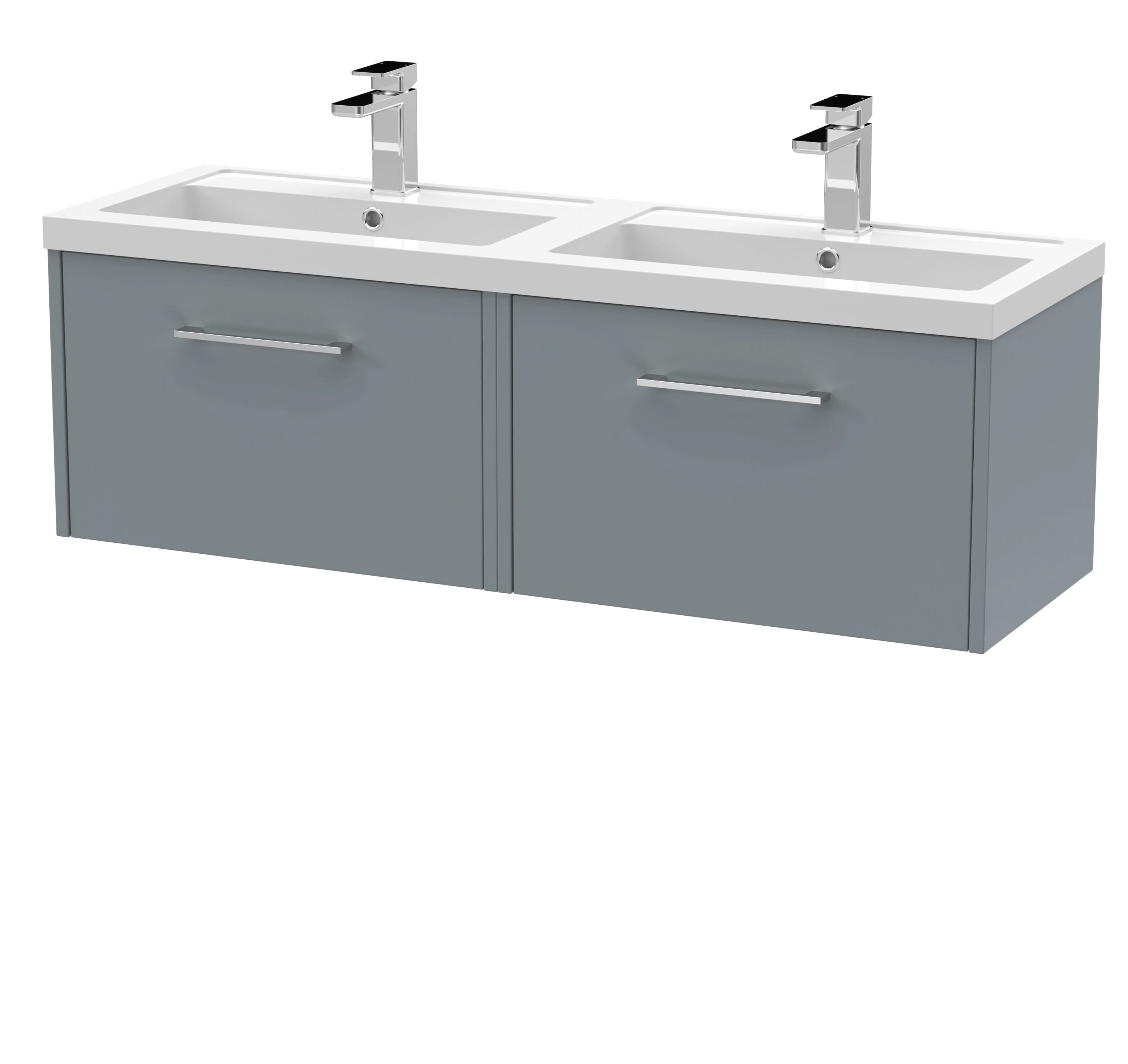 Hudson Reed Fluted Wall Hung 2-Drawer Vanity and Double Polymarble Basin, Contemporary Sink Vanity Unit, Coastal Grey, 1200mm